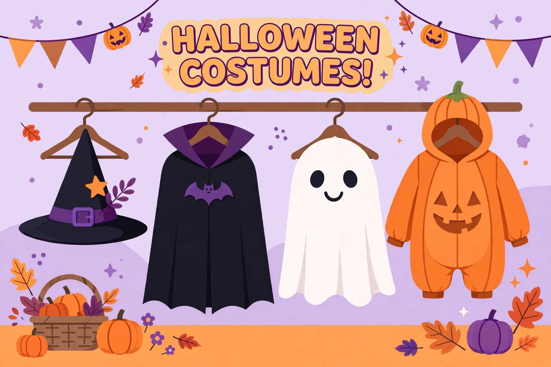 A clothes rack full of Halloween costumes, a witch hat, a vampire cape and a pumpkin suit