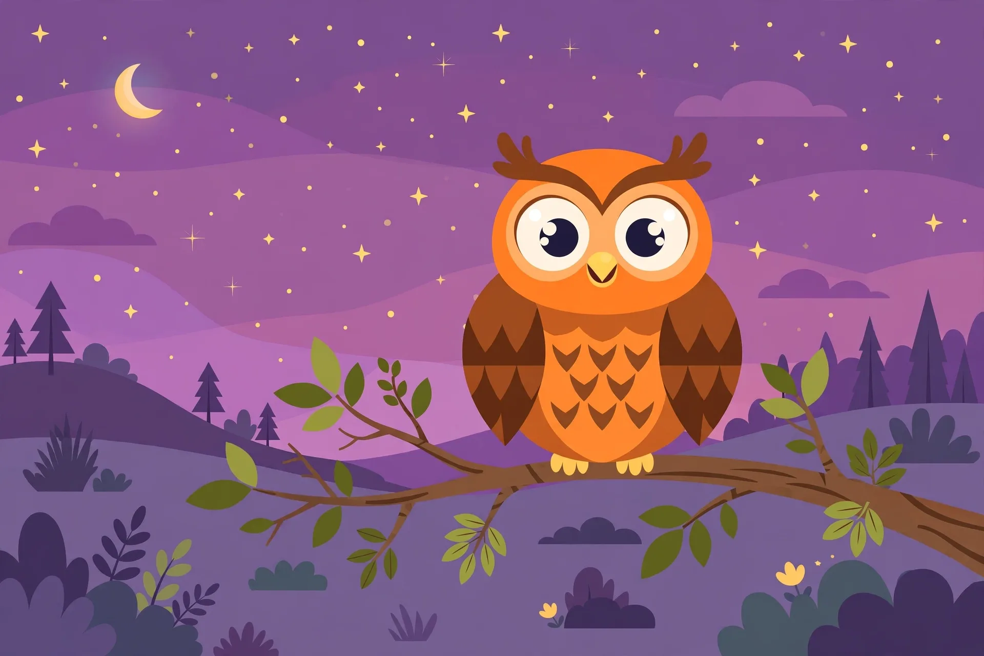 A cute wide-eyed owl perched on a tree branch at dusk with stars