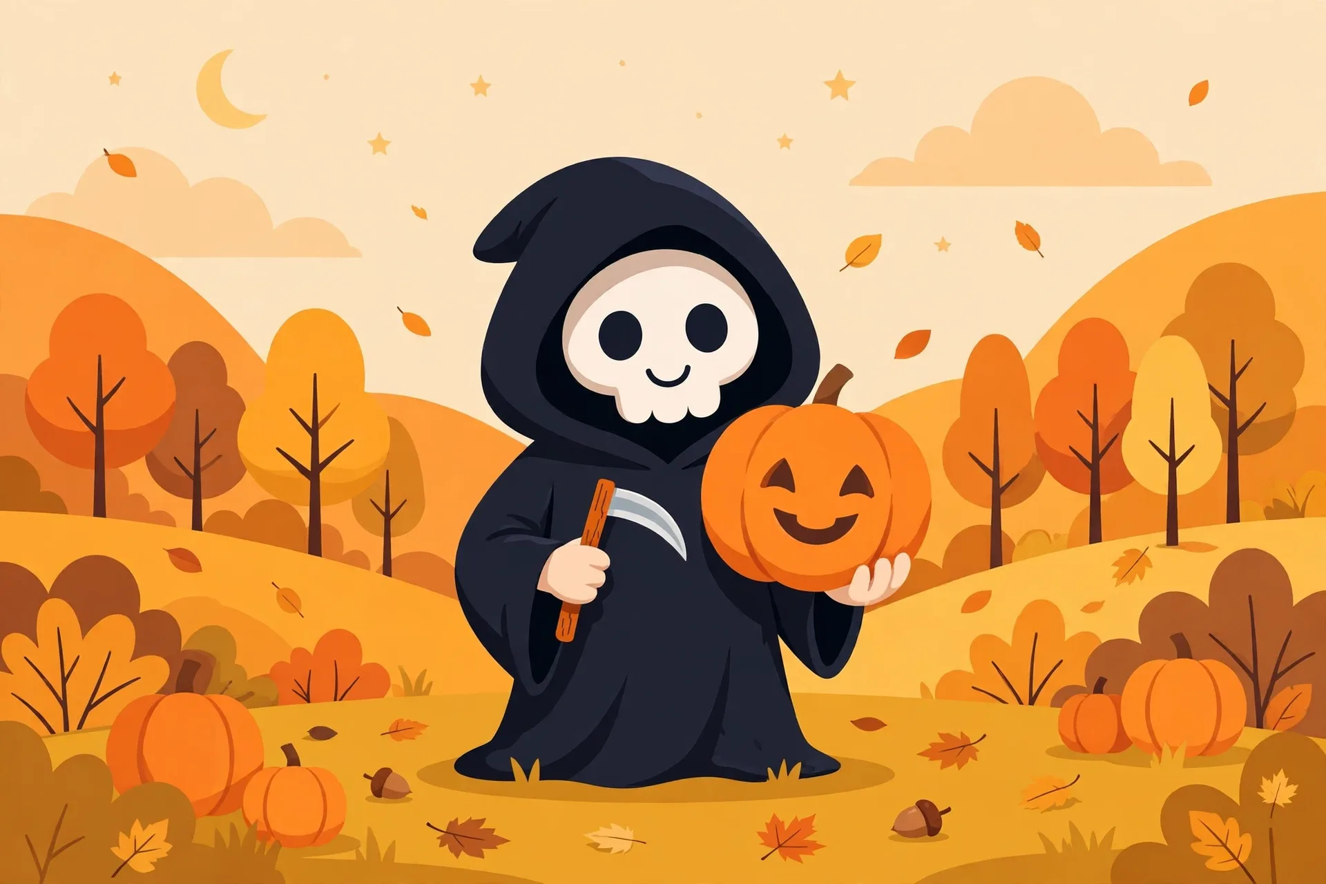 A friendly cartoon grim reaper in a dark hooded robe holding a small scythe and a pumpkin