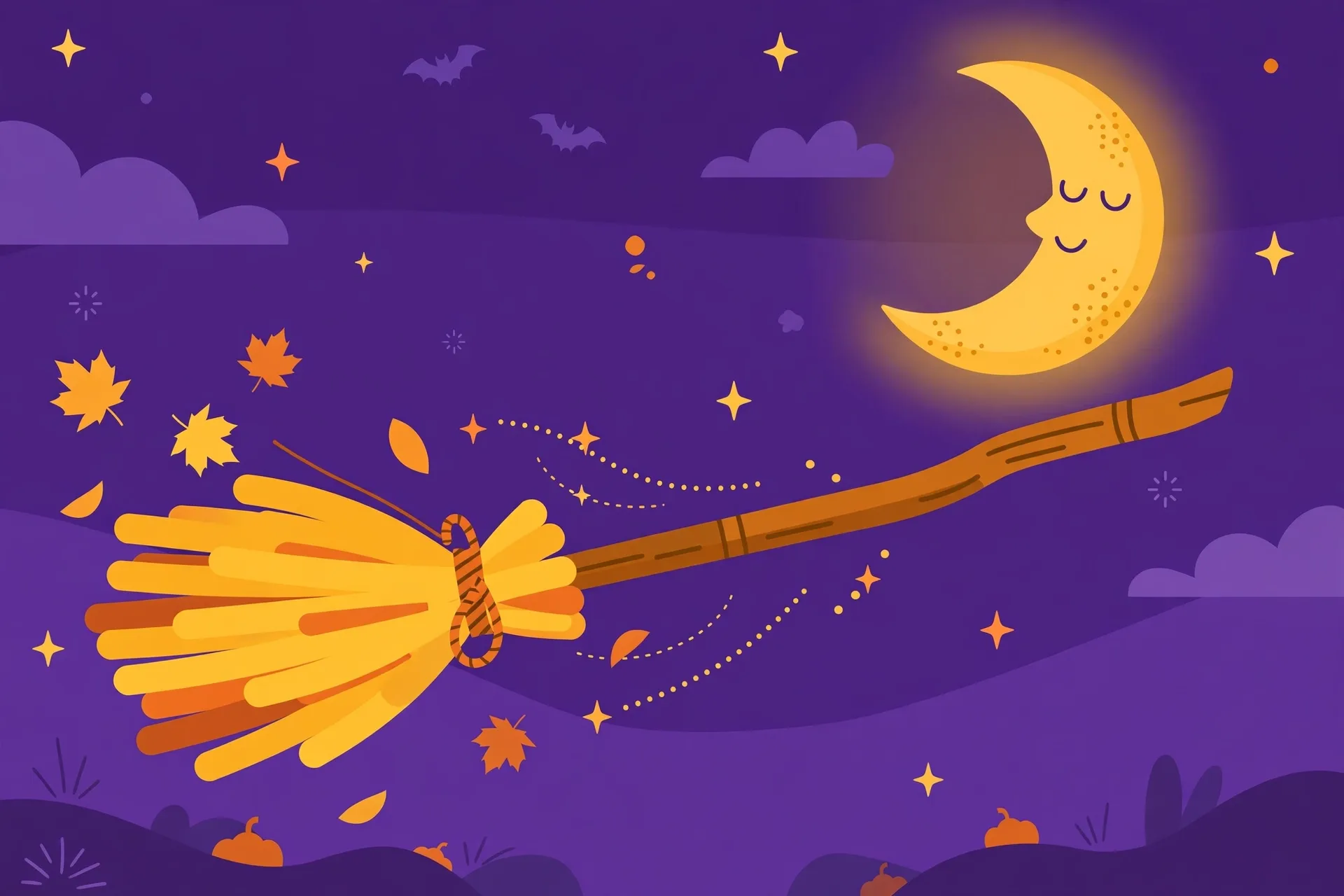 A witch's broomstick flying across a purple night sky past a crescent moon