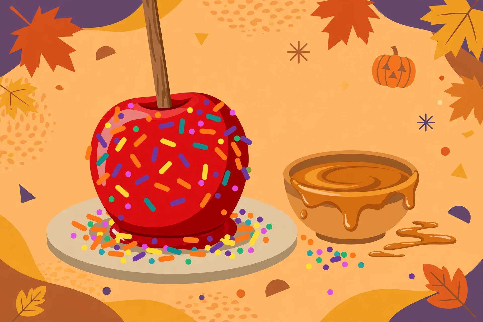 A shiny red candy apple on a stick with colorful sprinkles on a plate