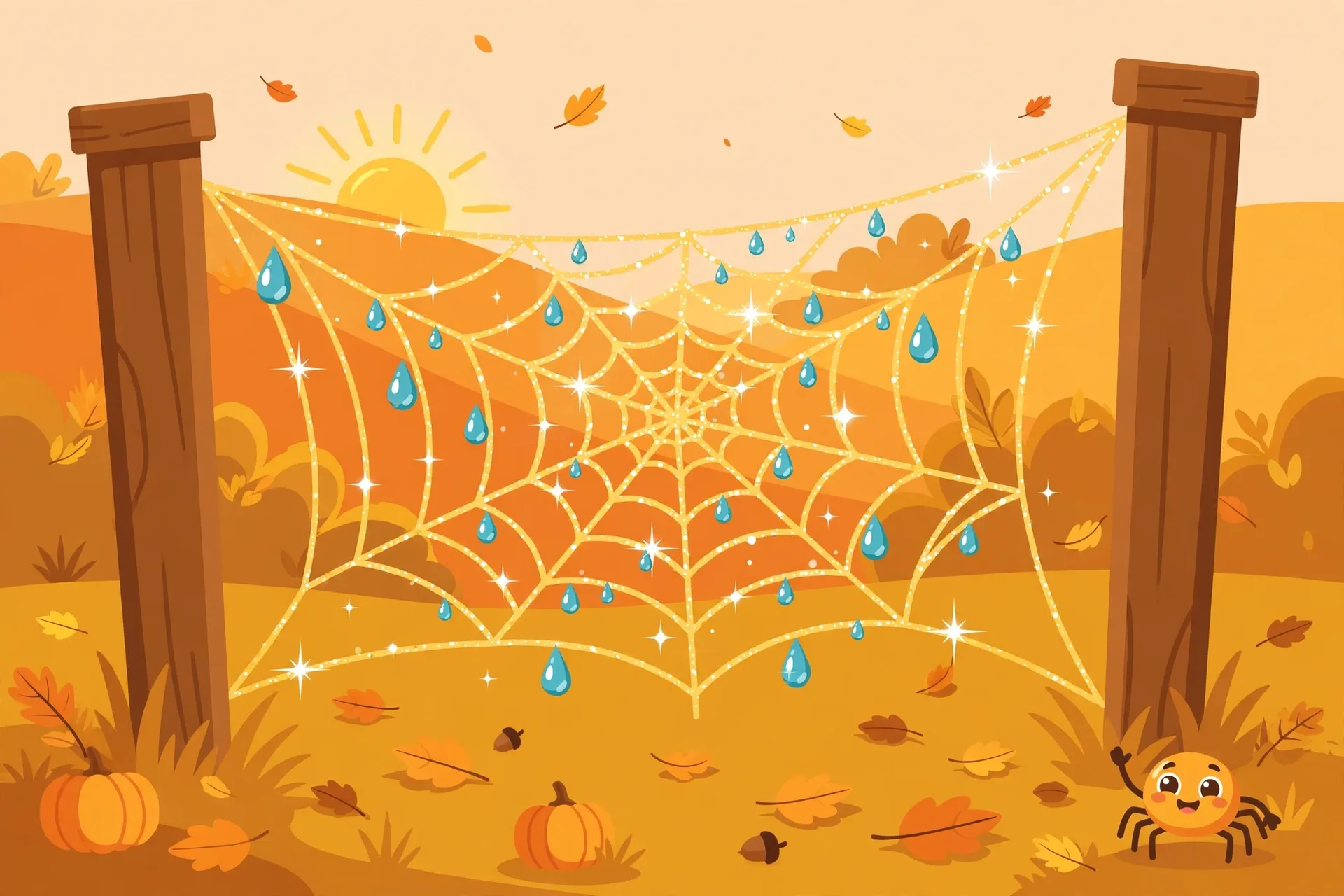 A big sparkly cobweb stretched between two fence posts with a tiny friendly spider