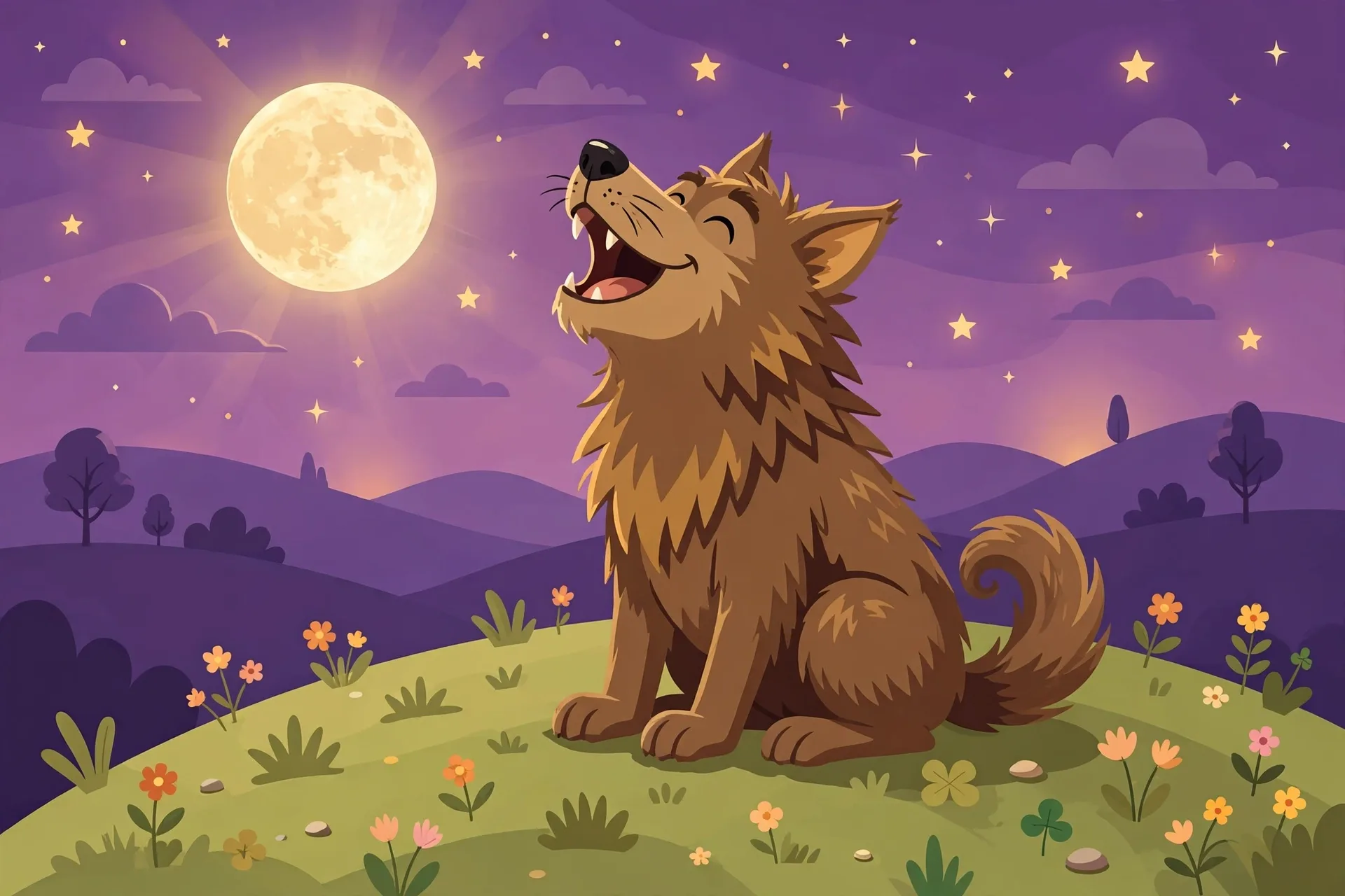 A friendly cartoon werewolf with shaggy brown fur howling at a full moon on a hill