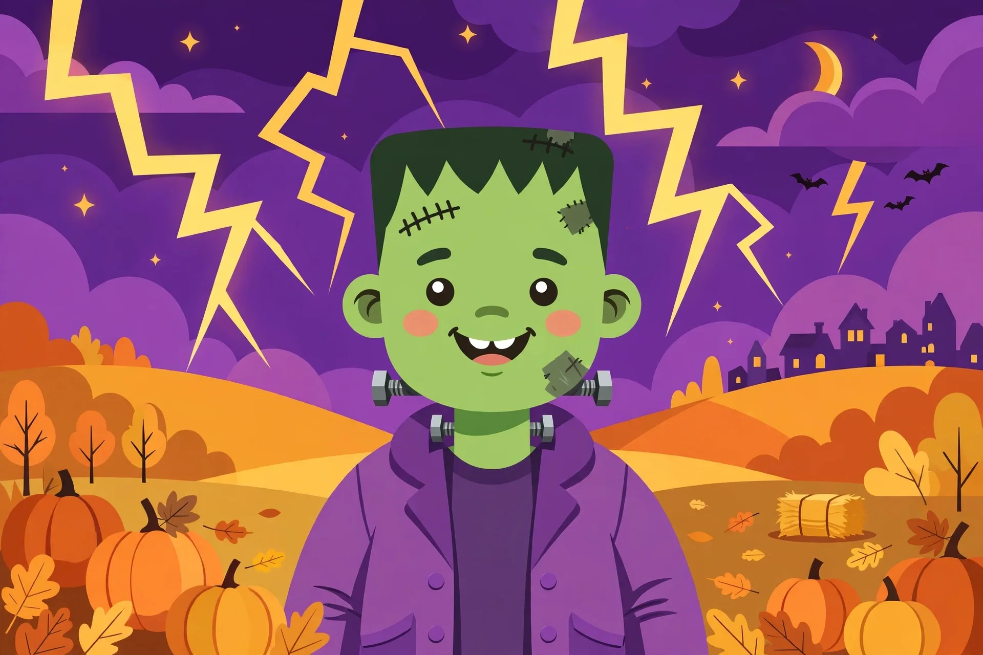 A friendly Frankenstein monster with green skin and neck bolts wearing a purple jacket