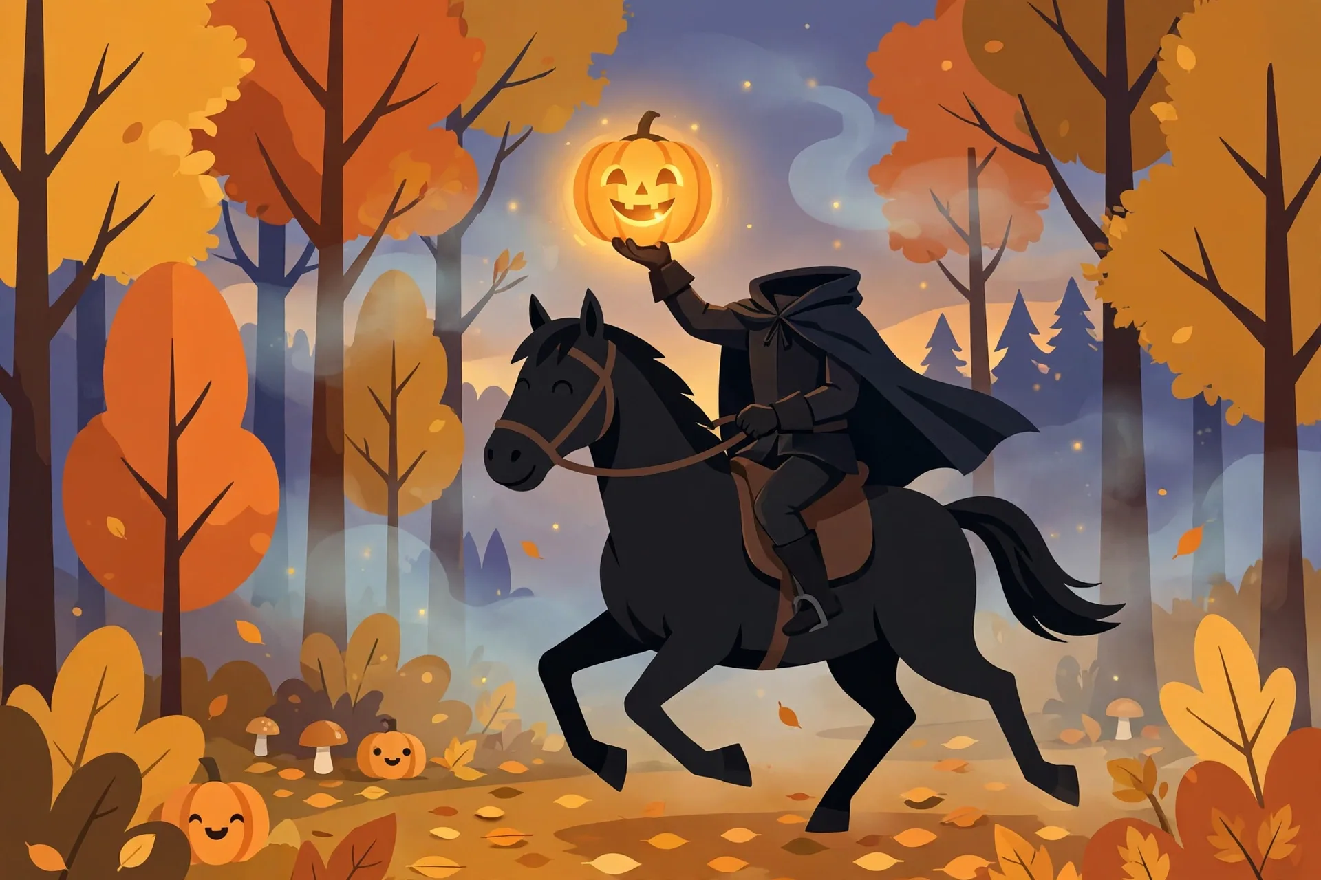 A friendly headless horseman in a dark cloak riding a black horse, holding a glowing jack-o-lantern
