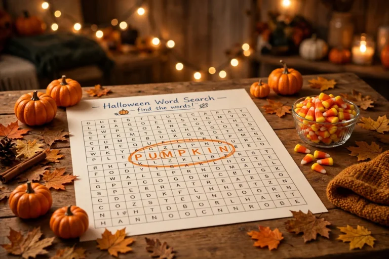 A Halloween word search puzzle on a wooden table with the word PUMPKIN circled in orange marker, surrounded by pumpkins, autumn leaves, and a bowl of candy corn
