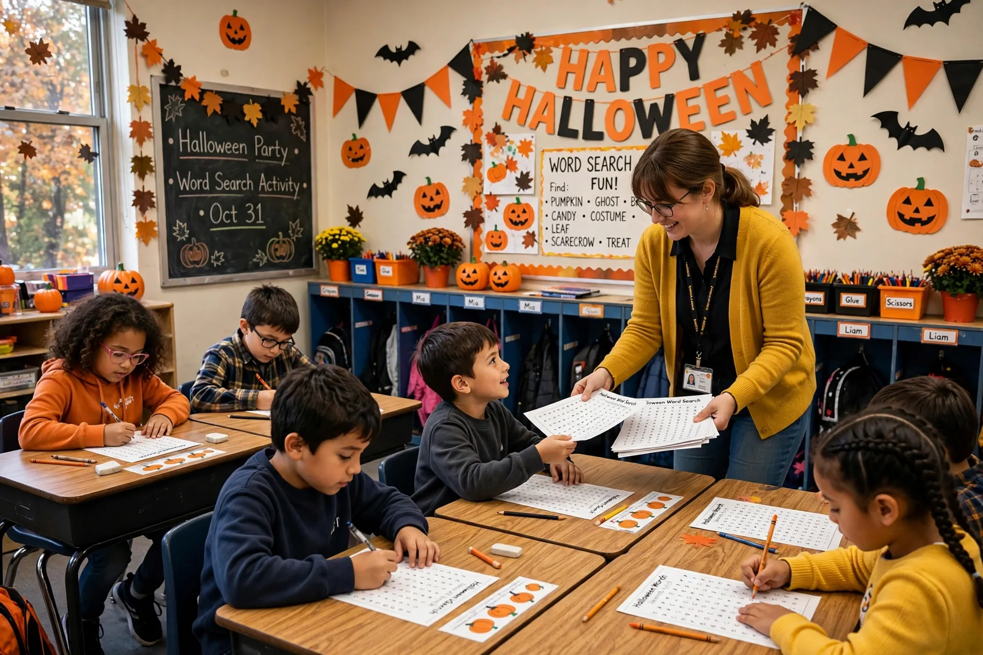 A classroom Halloween party with kids working on word search worksheets at their desks while the teacher hands out puzzle papers