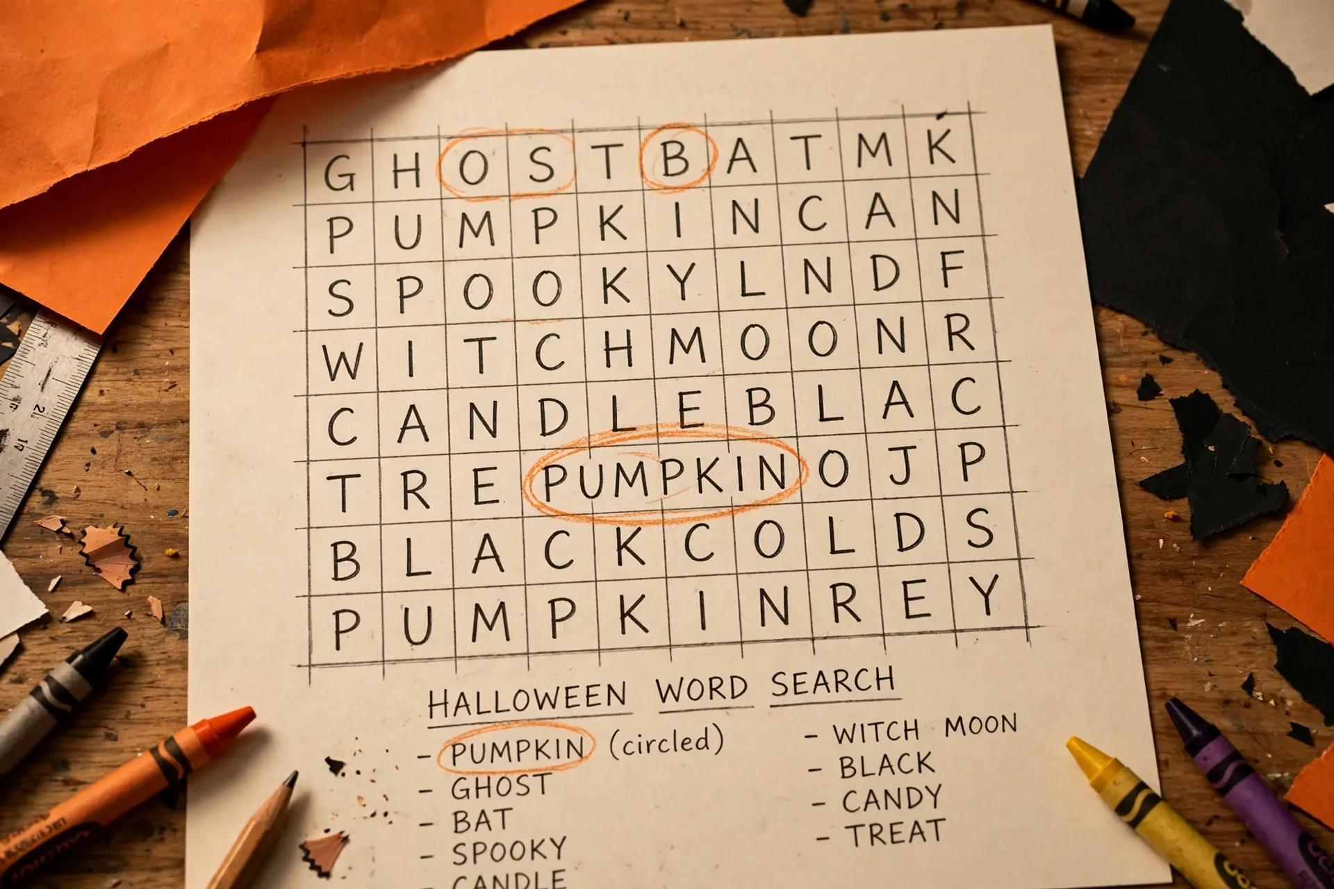 A hand-drawn Halloween word search grid on cream paper with the word PUMPKIN circled, construction paper and crayons on a wooden craft table
