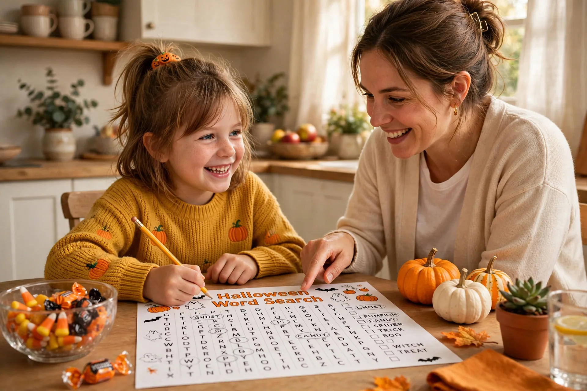 A mother and young child solving a Halloween word search together at a kitchen table with a candy bowl and pumpkins nearby