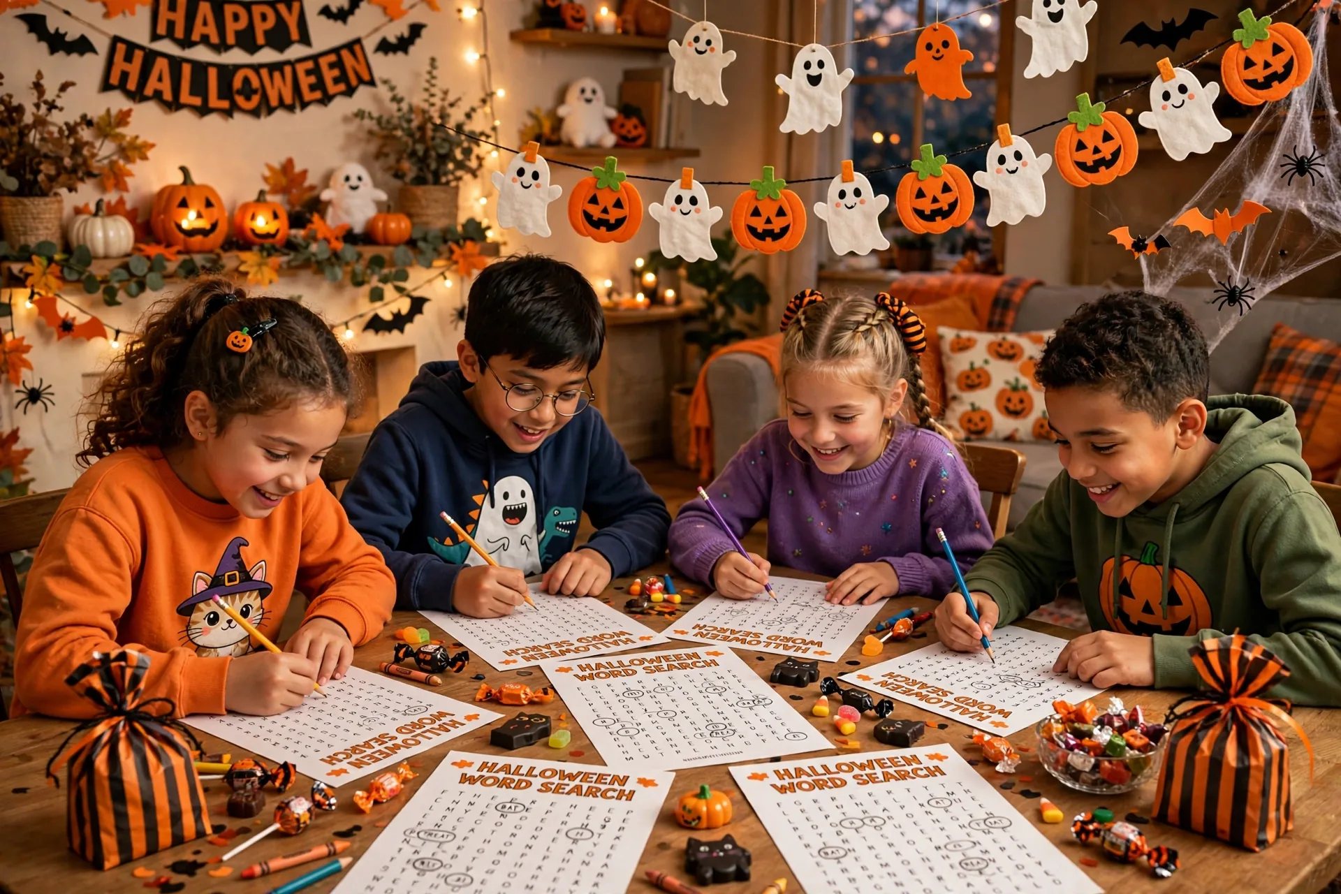 Four kids racing to finish Halloween word search puzzles at a decorated party table with prizes and candy