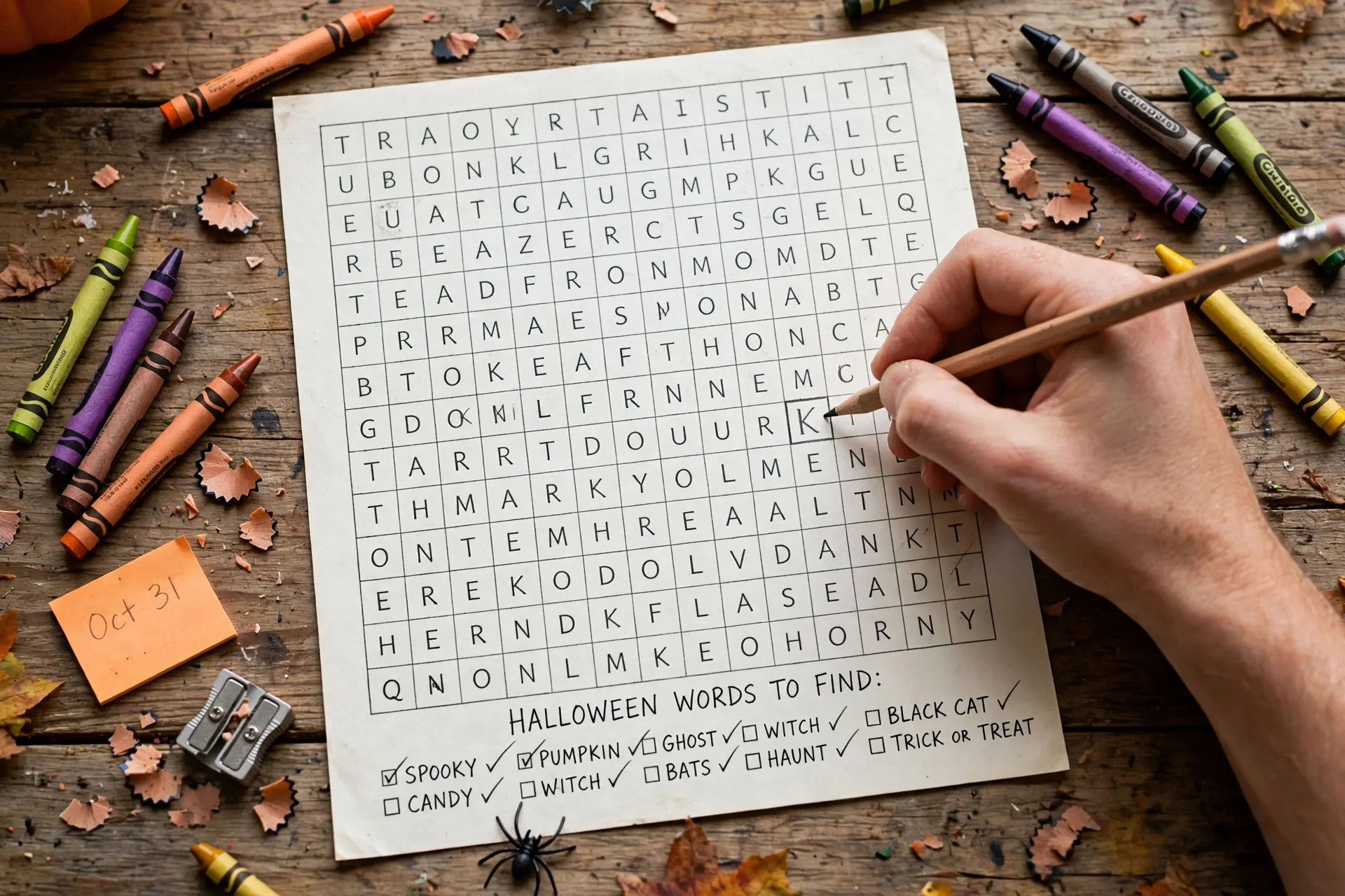 A hand filling empty squares of a Halloween word search grid with random capital letters in pencil