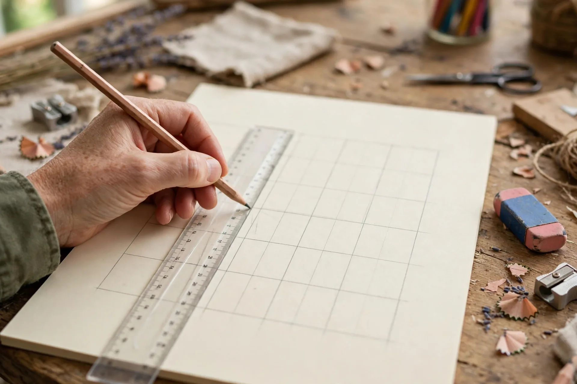 A hand ruling a blank word search grid with a pencil and ruler on cream paper