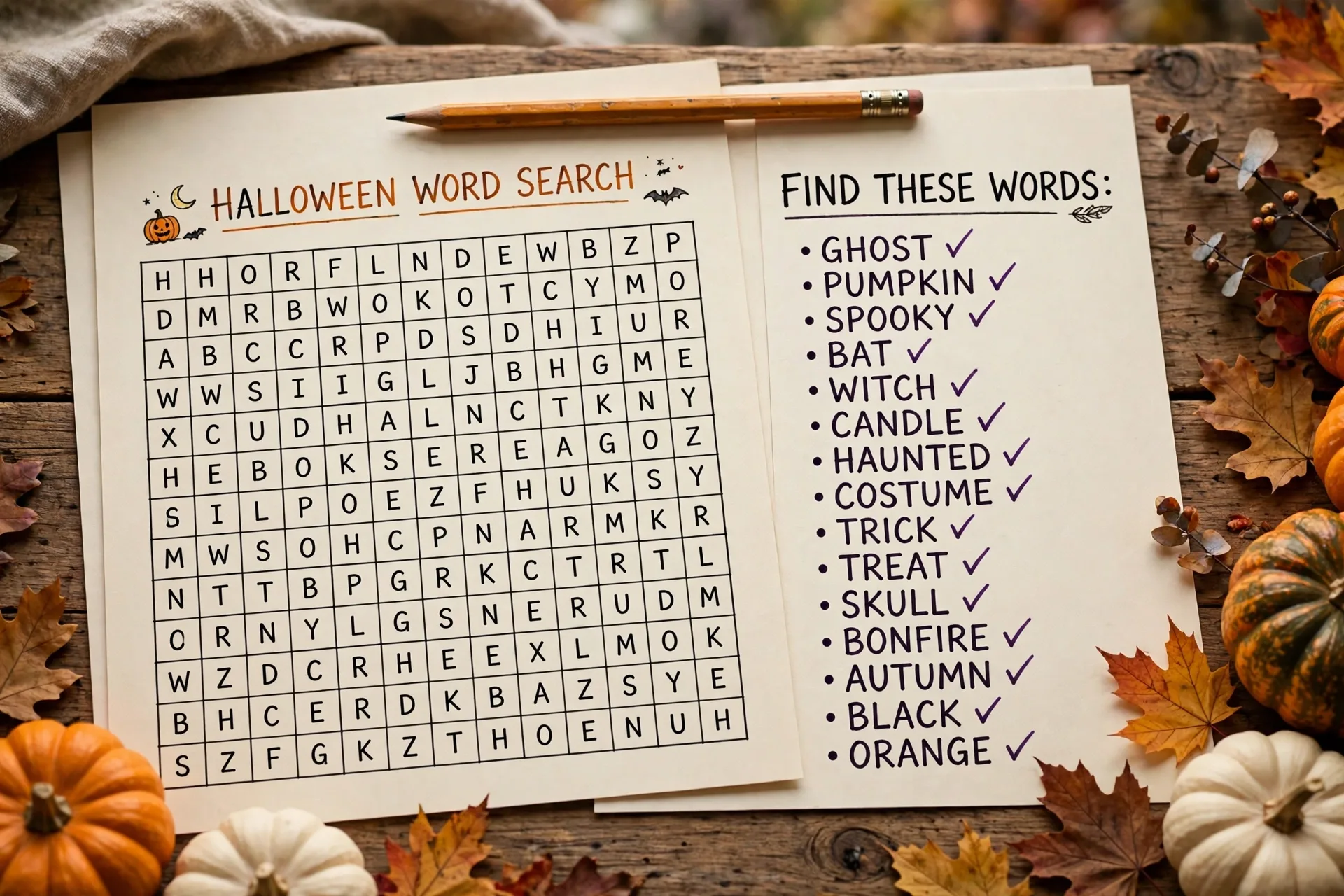 A finished hand-drawn Halloween word search grid with its word list written neatly beside it