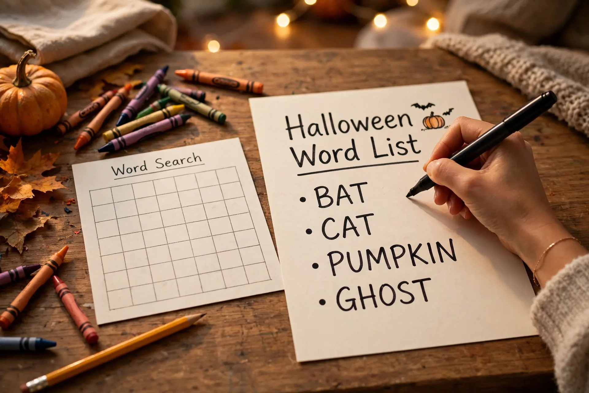 A mom's hand writing a Halloween word list in marker on cream paper beside a small blank word search grid