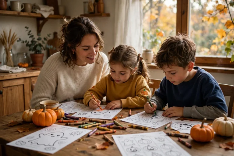 A mother and two young children working on printed Halloween activity worksheets and coloring pages at a cozy kitchen table with pumpkins and crayons