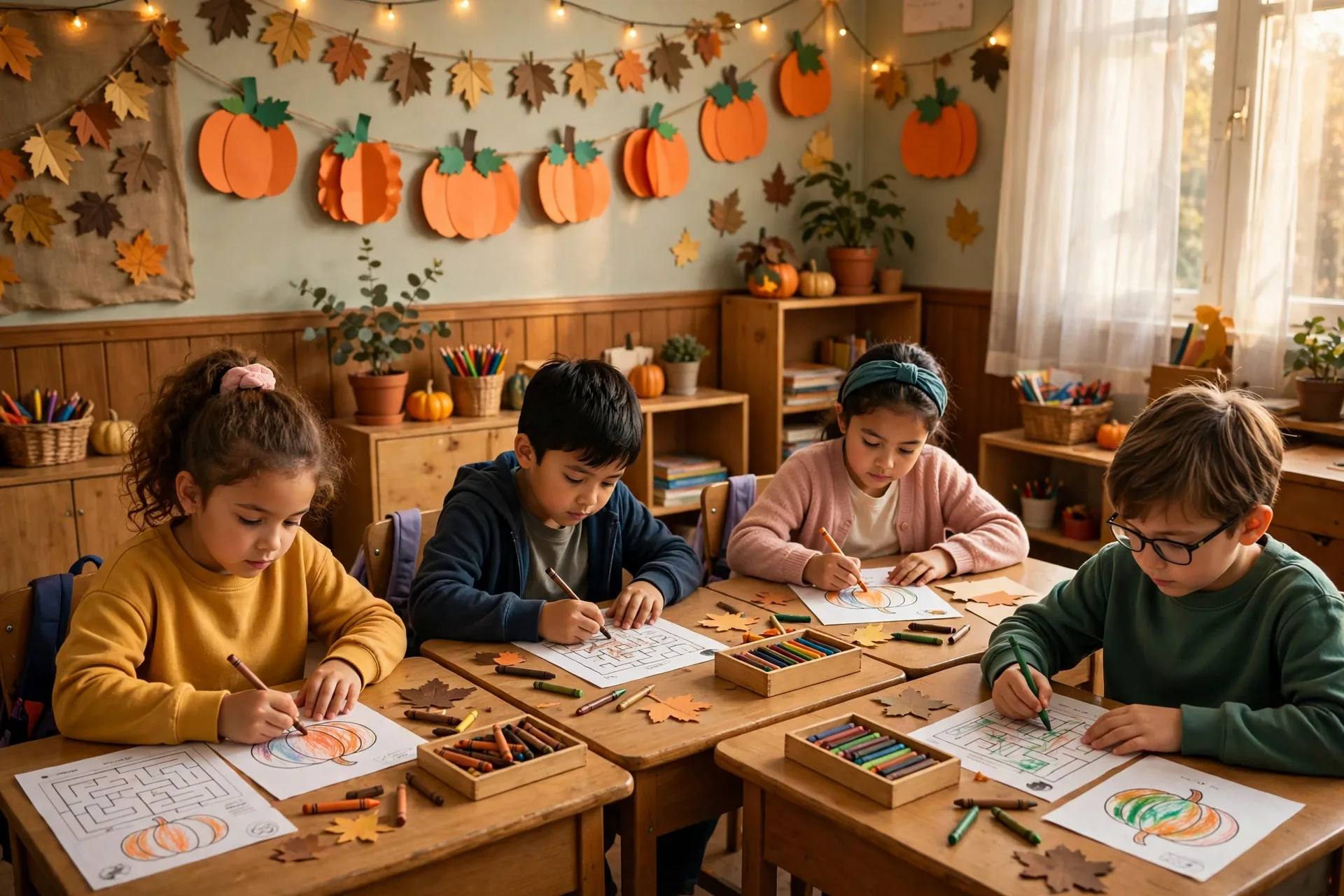 Young students working on Halloween activity worksheets at classroom desks with pumpkin decorations