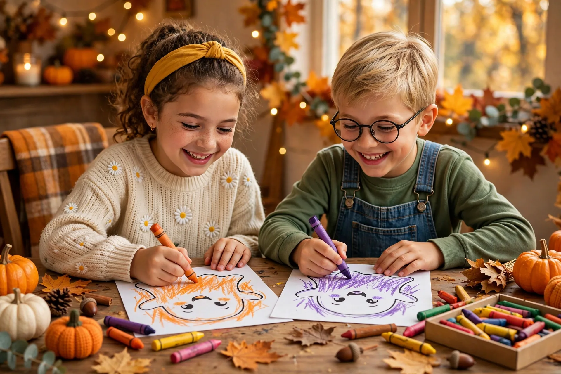 Two kids coloring a friendly ghost Halloween coloring page with crayons at a craft table