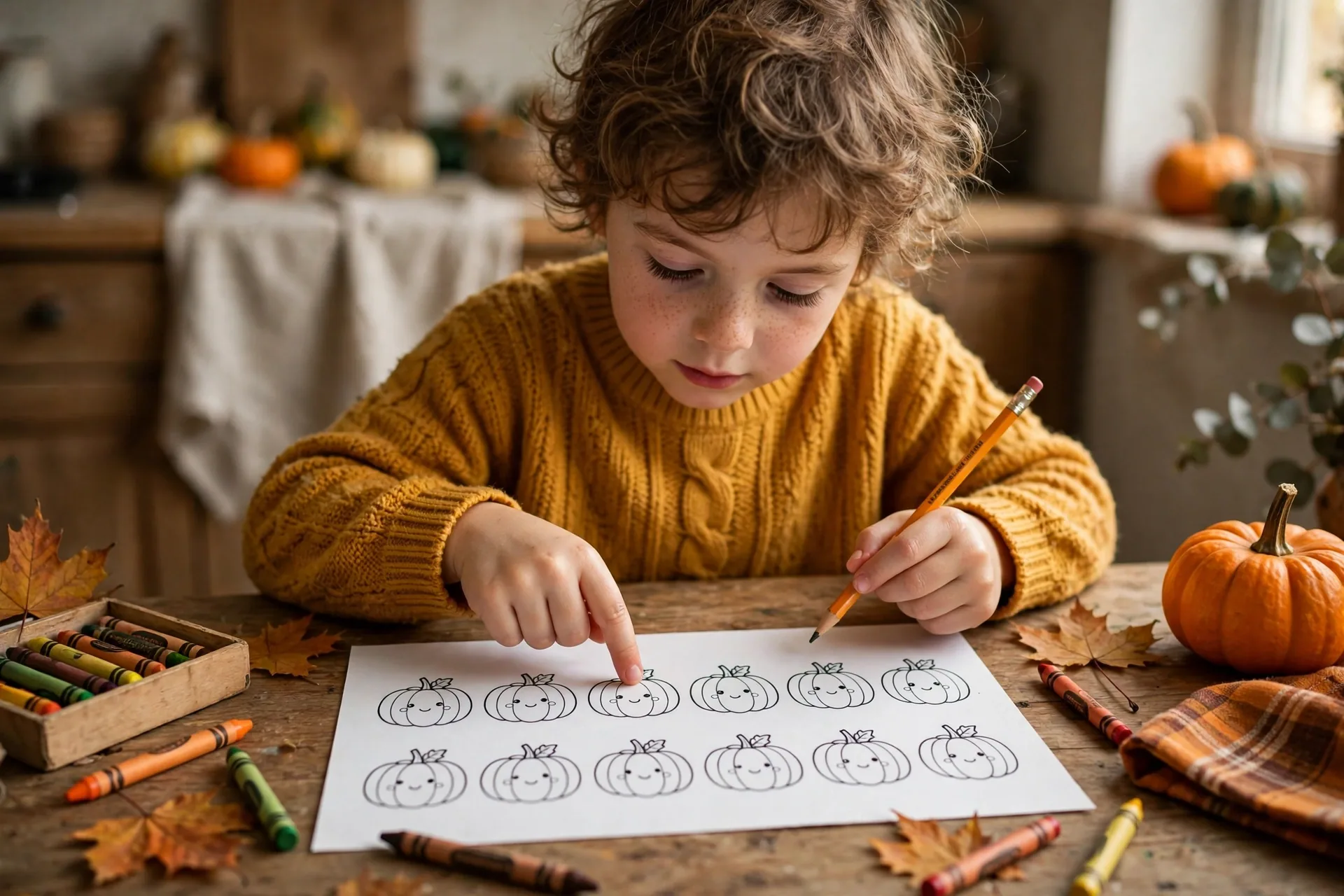 A young child counting pumpkin pictures on a Halloween math worksheet with a pencil