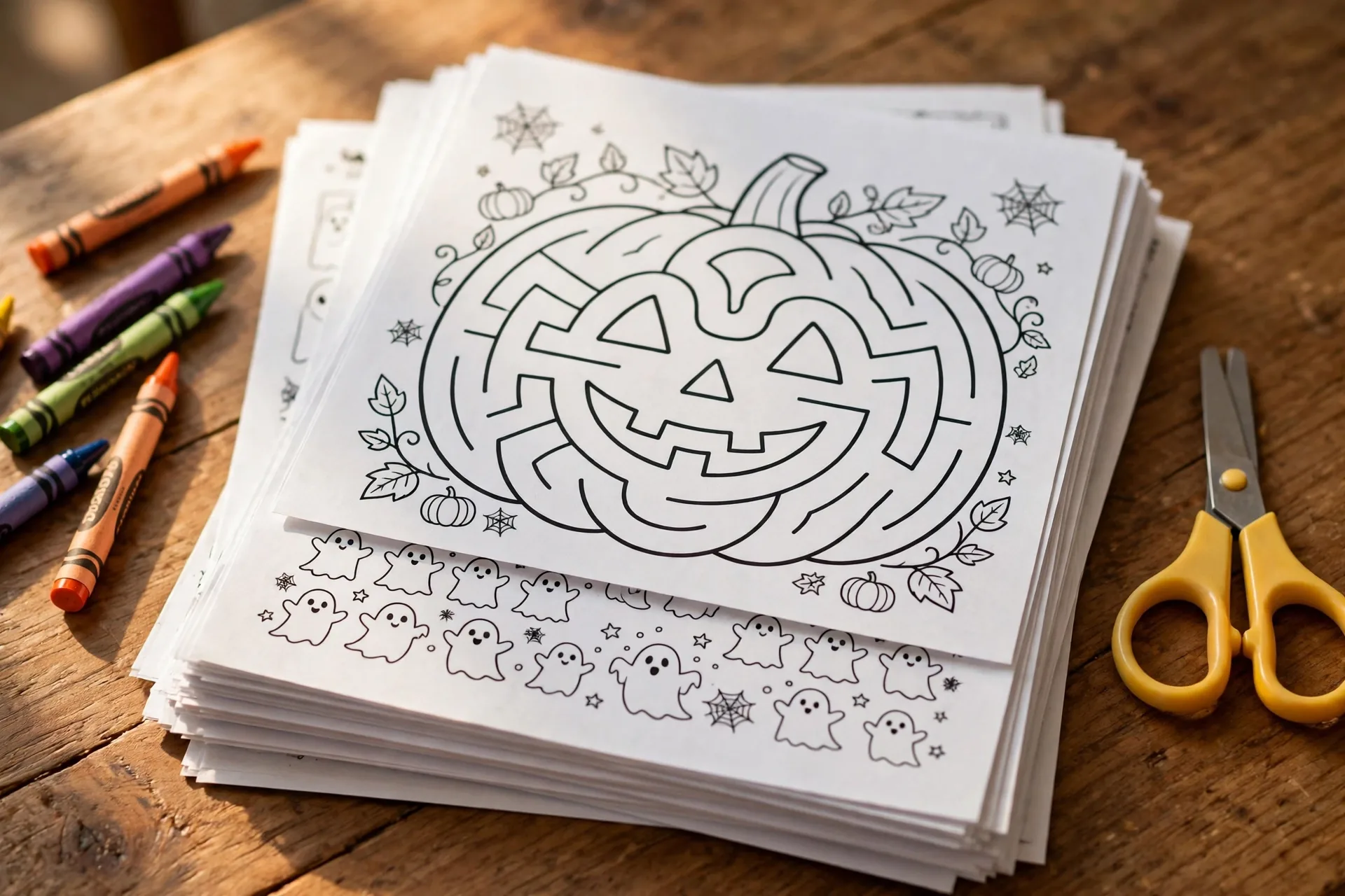 A stack of printed Halloween kids activity worksheets on a wooden table with crayons and child-safe scissors