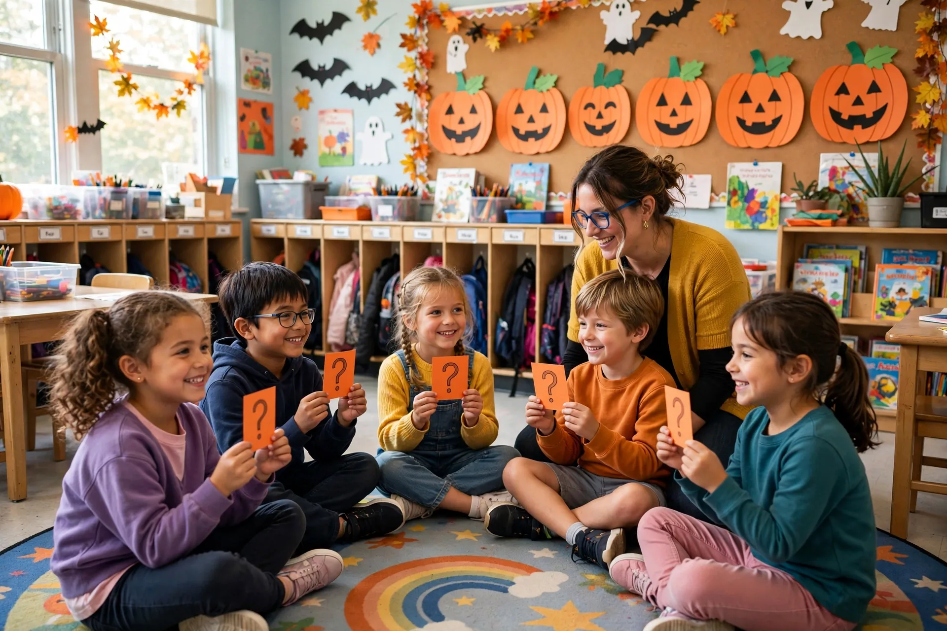 Teacher with kids holding Halloween question cards in a decorated classroom