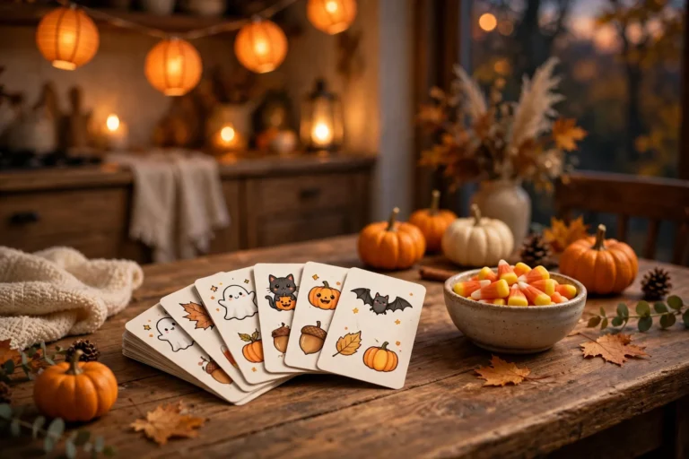 Family game night with Halloween would-you-rather question cards, mini pumpkins, and candy corn on a wooden table