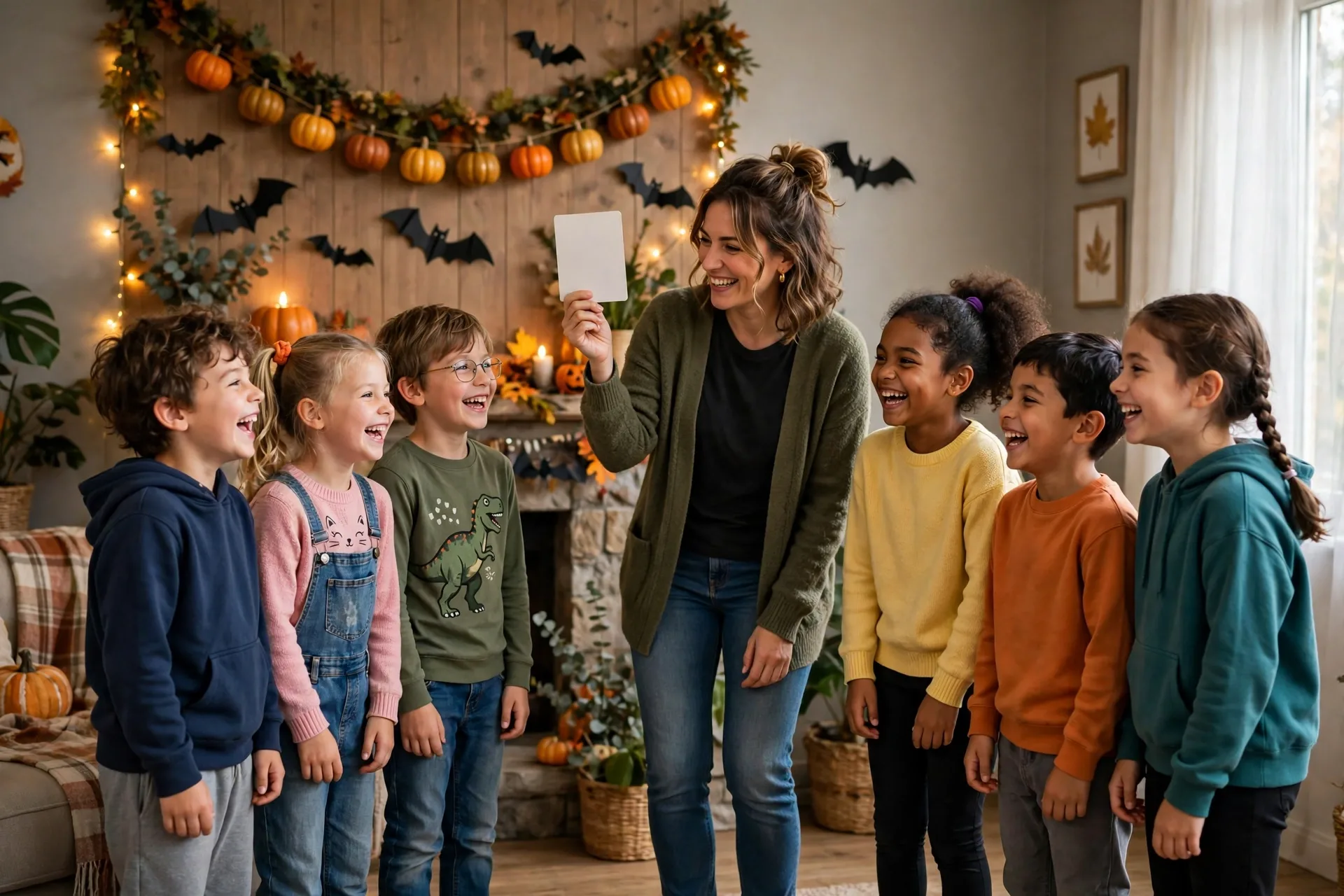 Kids playing the pick-a-side movement game in a Halloween-decorated living room