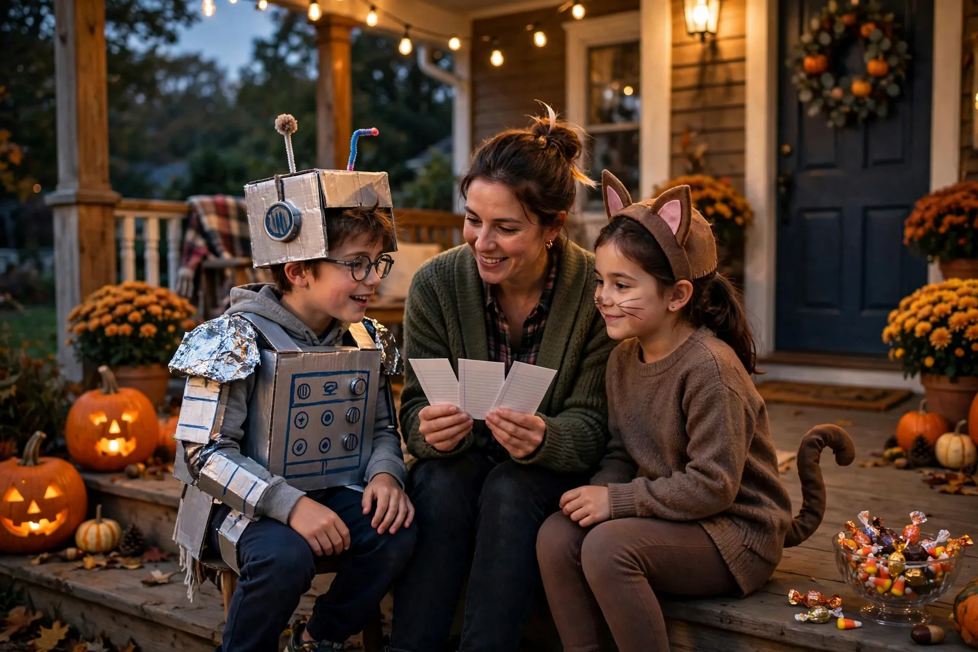 Mom with two kids in costumes playing question cards on a porch at dusk