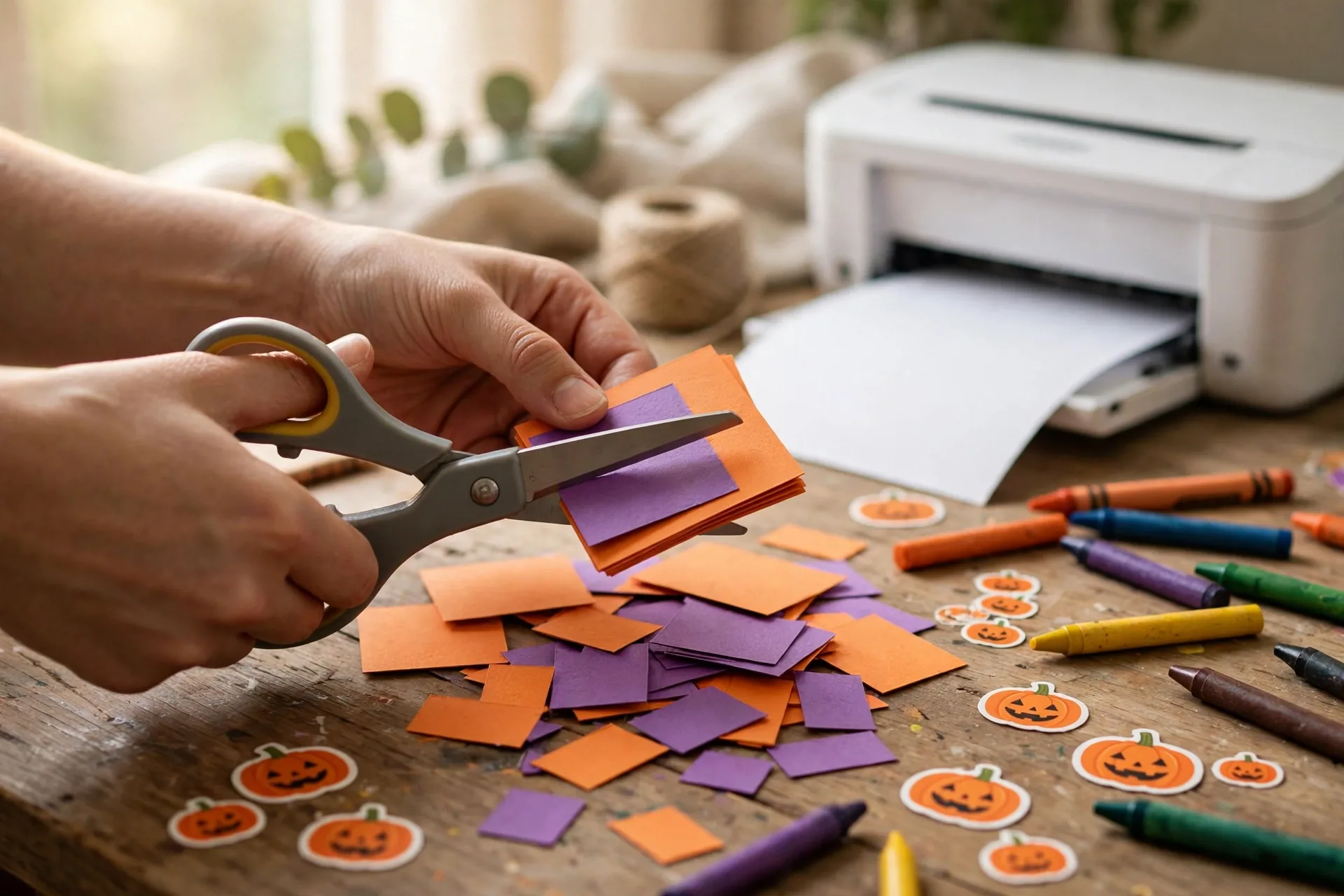 Hands cutting Halloween question cards with scissors next to a home printer
