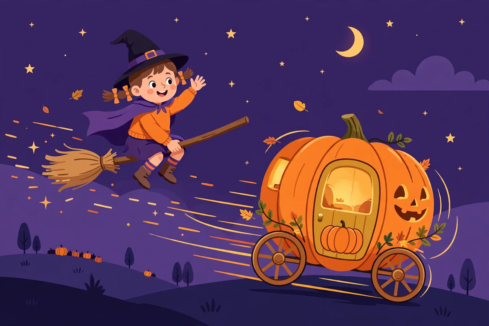 A wobbly broomstick flying past a speedy orange pumpkin carriage in a purple night sky