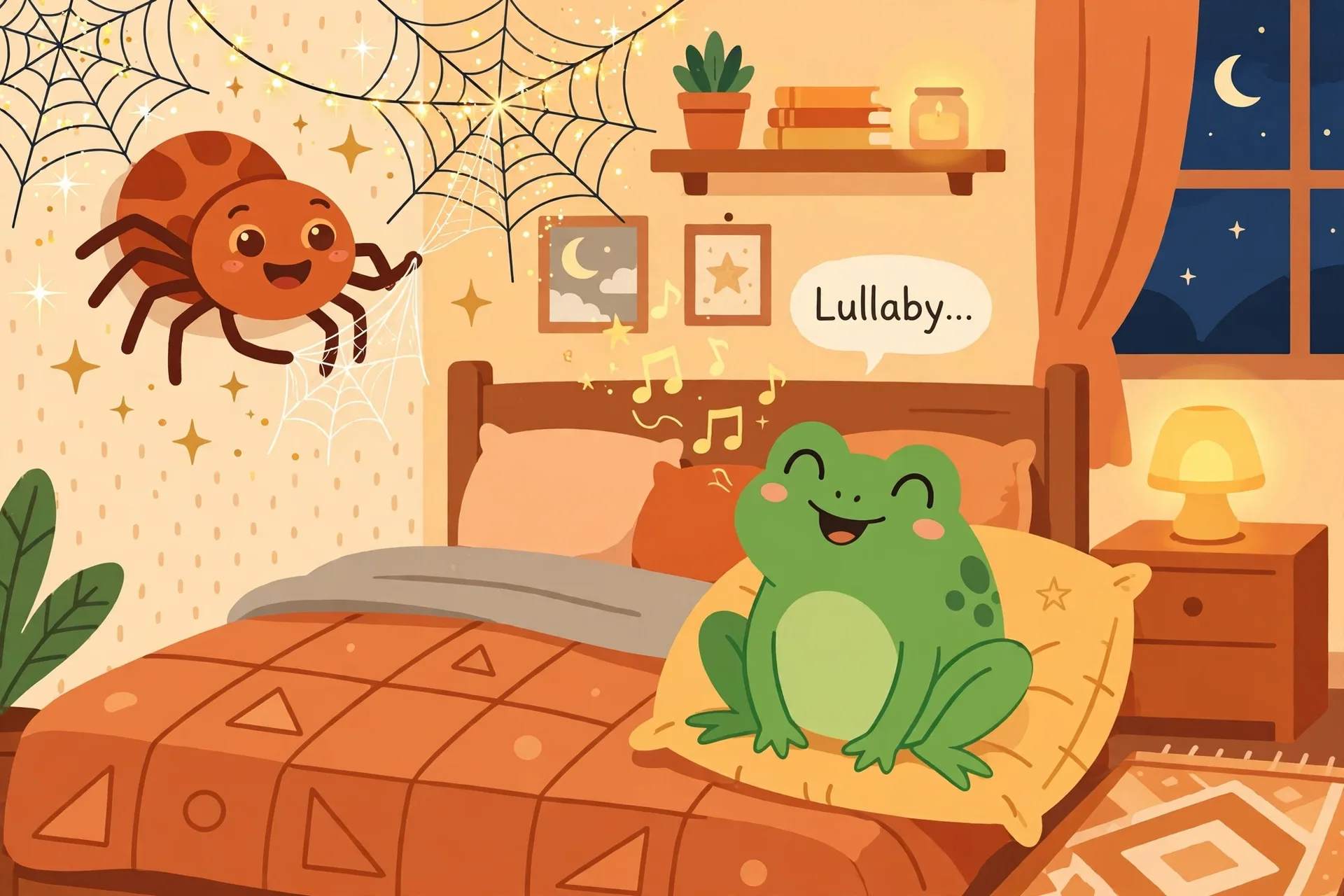 A friendly spider decorating a bedroom with cobwebs while a green toad sings a bedtime song