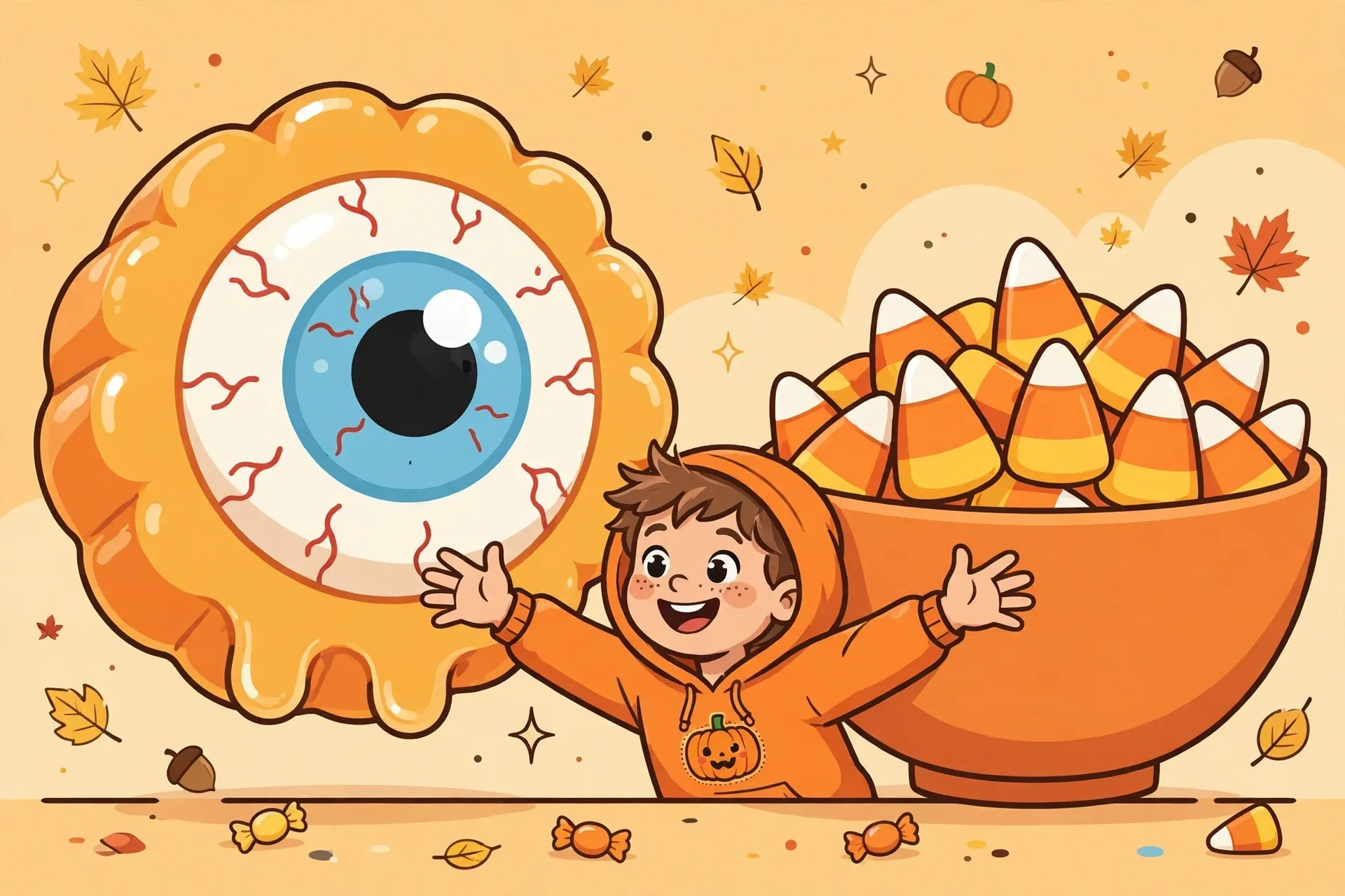 One giant eyeball gummy candy next to a big handful of candy corn in a bowl