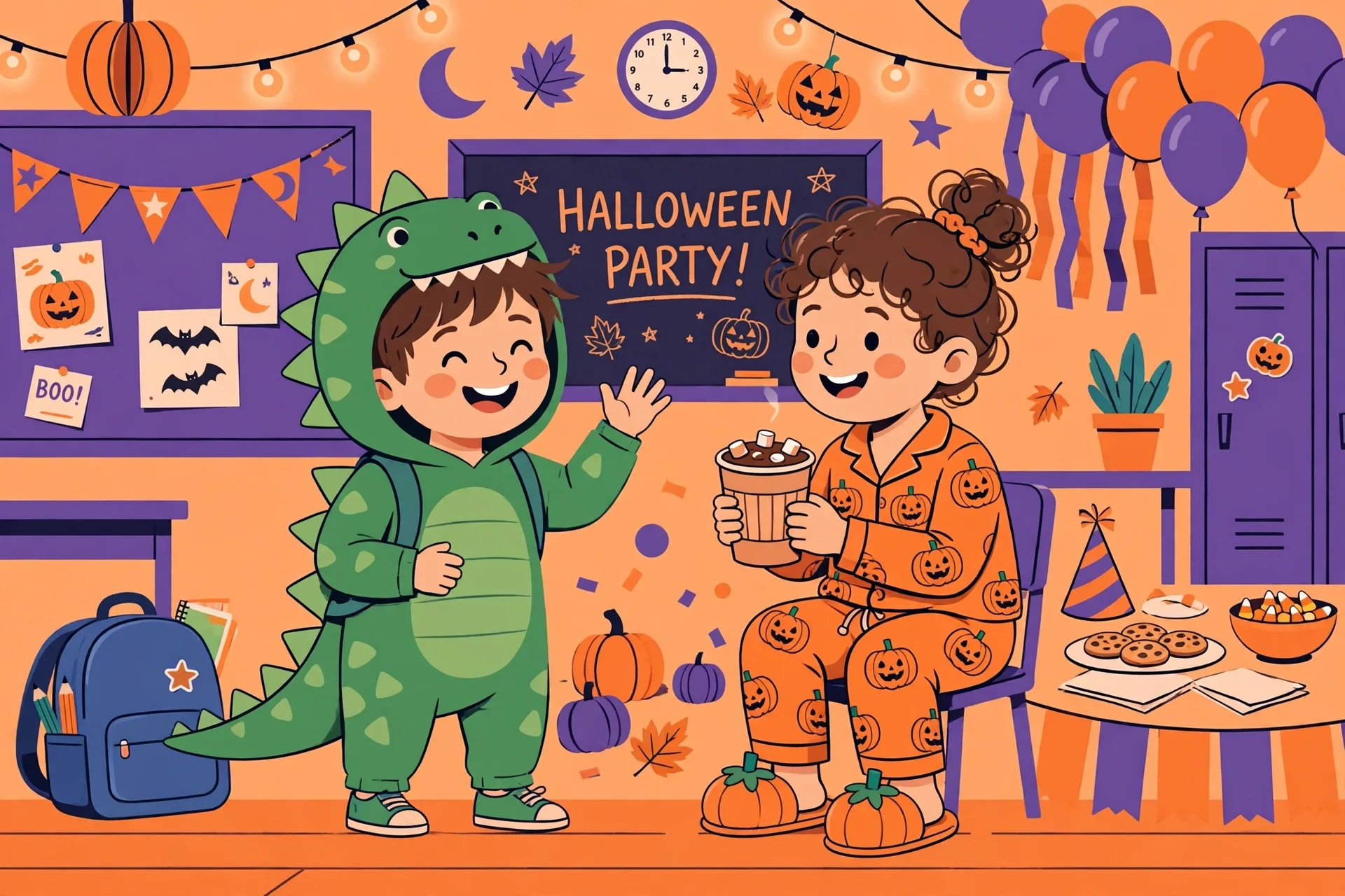 A kid wearing a Halloween costume at school next to a kid in cozy pumpkin pajamas at a party