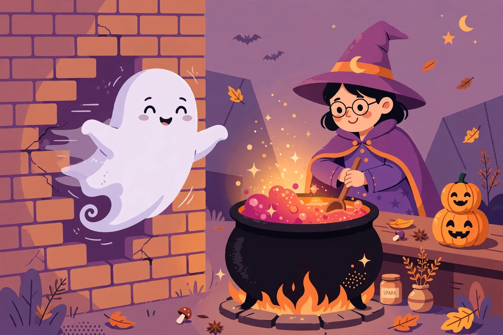 A friendly ghost floating through a wall next to a witch mixing a glowing potion