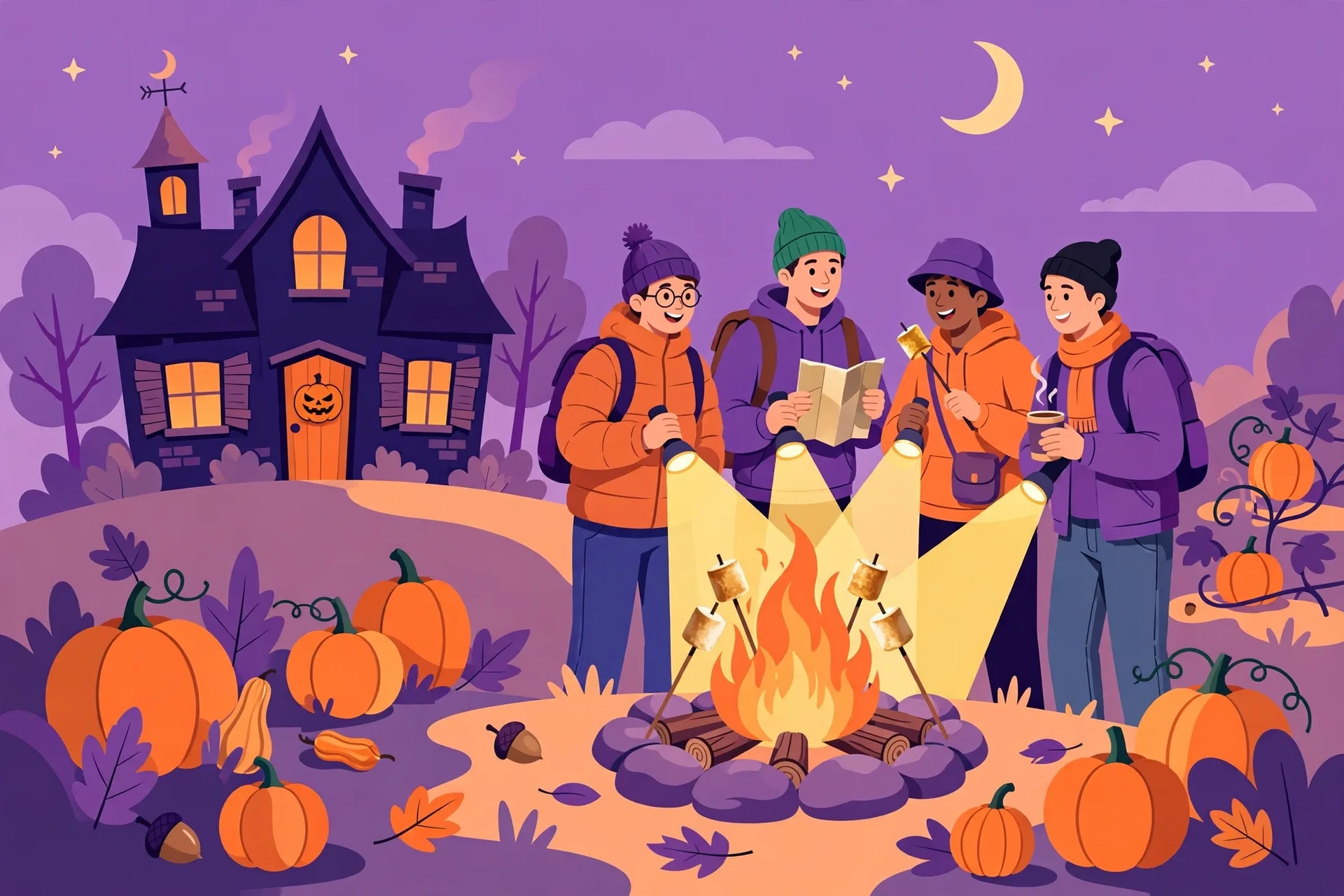 A friendly haunted house tour group next to a cozy pumpkin patch campfire with marshmallows