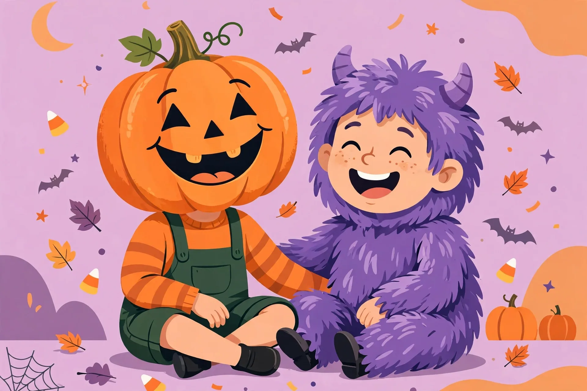 A kid with a big smiling pumpkin head next to a kid covered in fuzzy purple monster fur