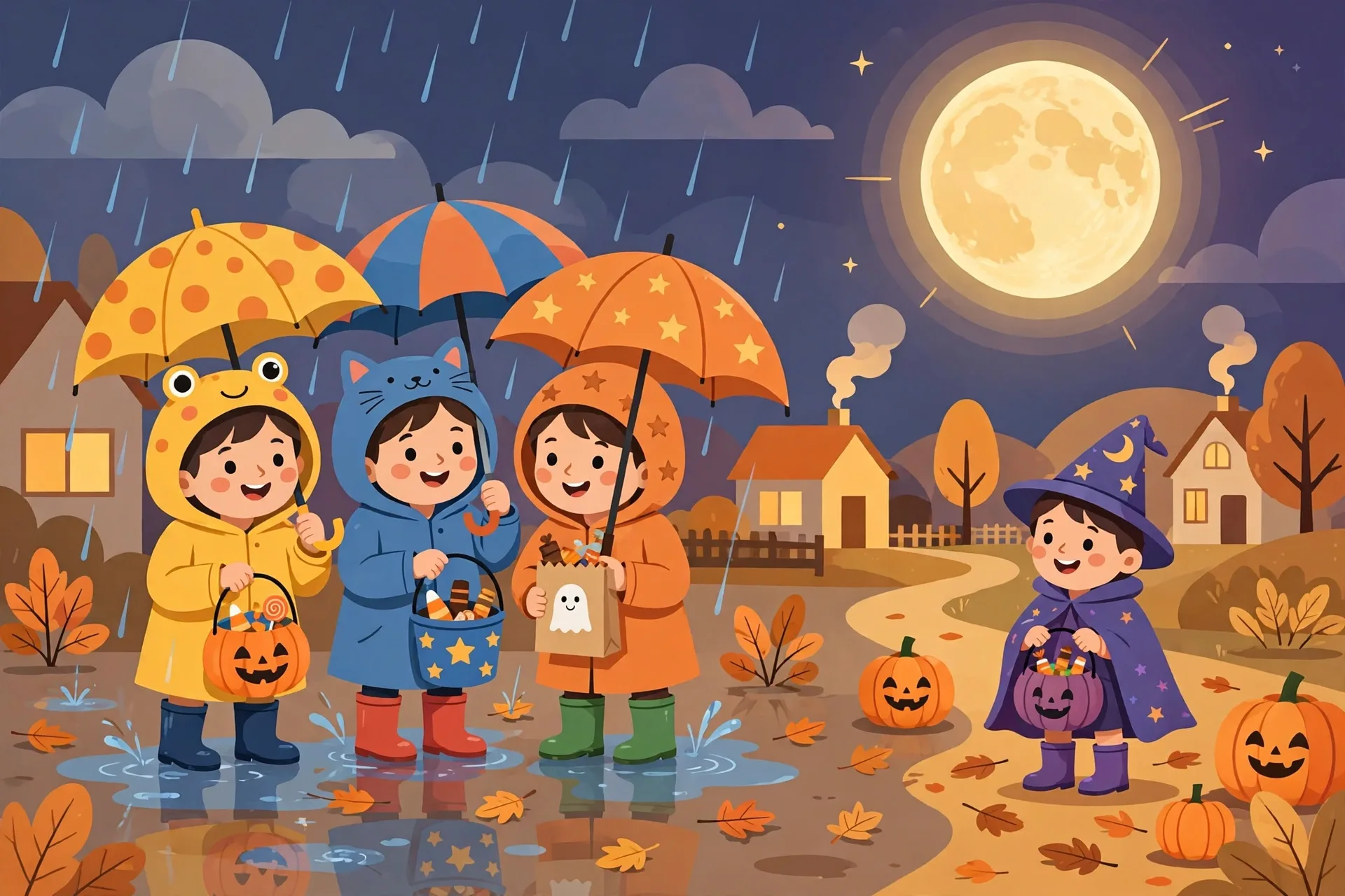 Two kids trick-or-treating in the rain next to a kid trick-or-treating under a full moon