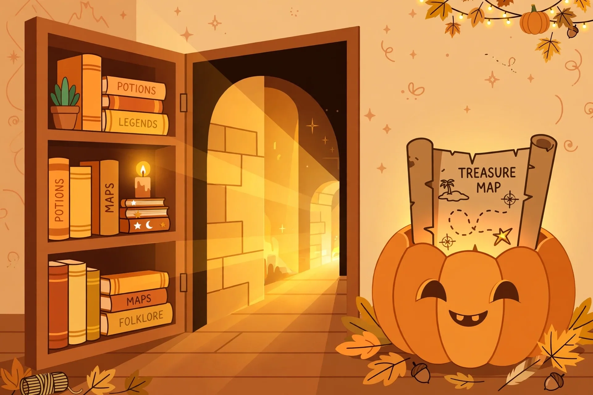 A secret passageway opening behind a bookshelf next to a treasure map hidden inside a pumpkin