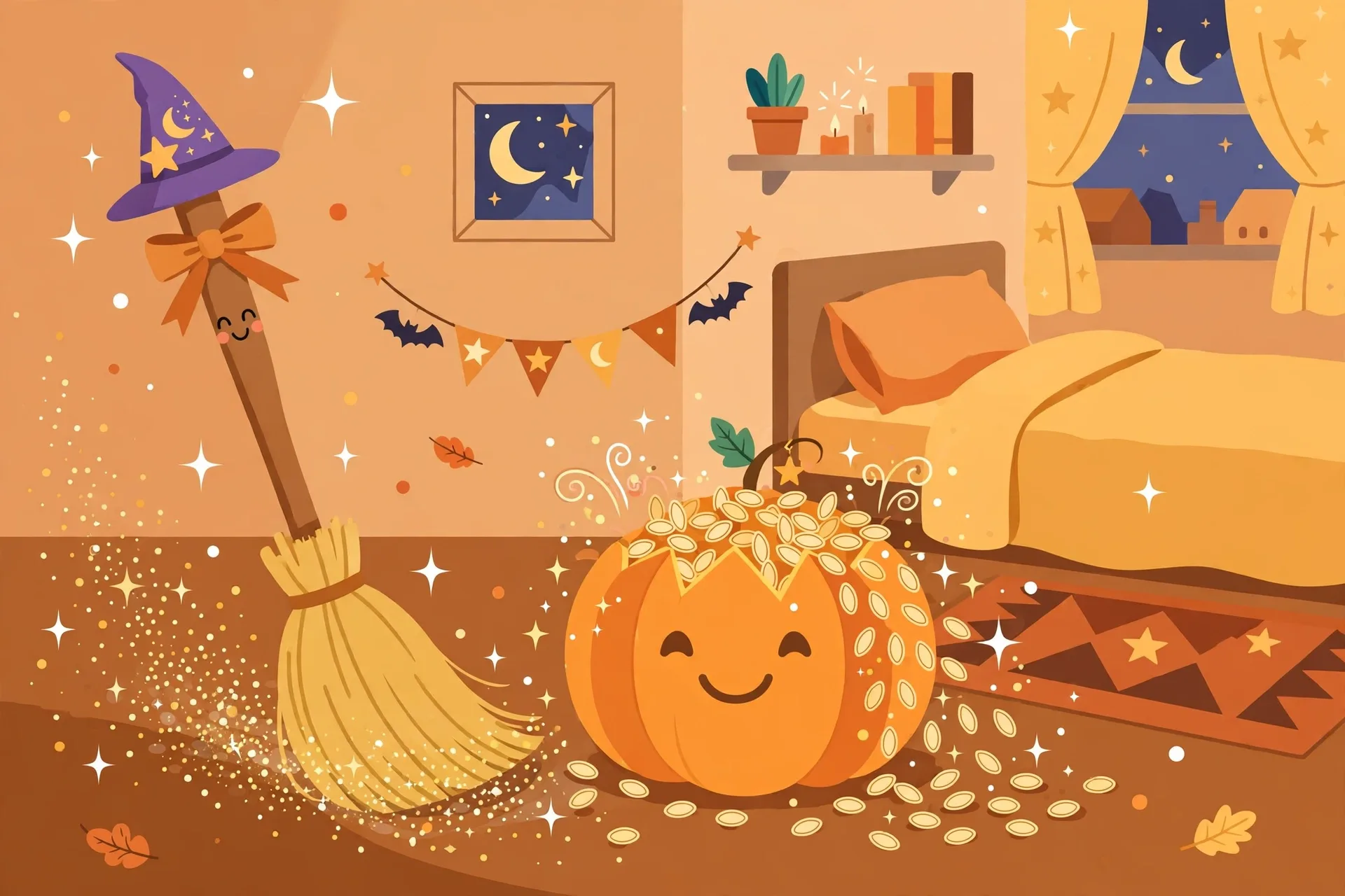 A magic broom sweeping a bedroom floor next to a magic pumpkin that never runs out of seeds