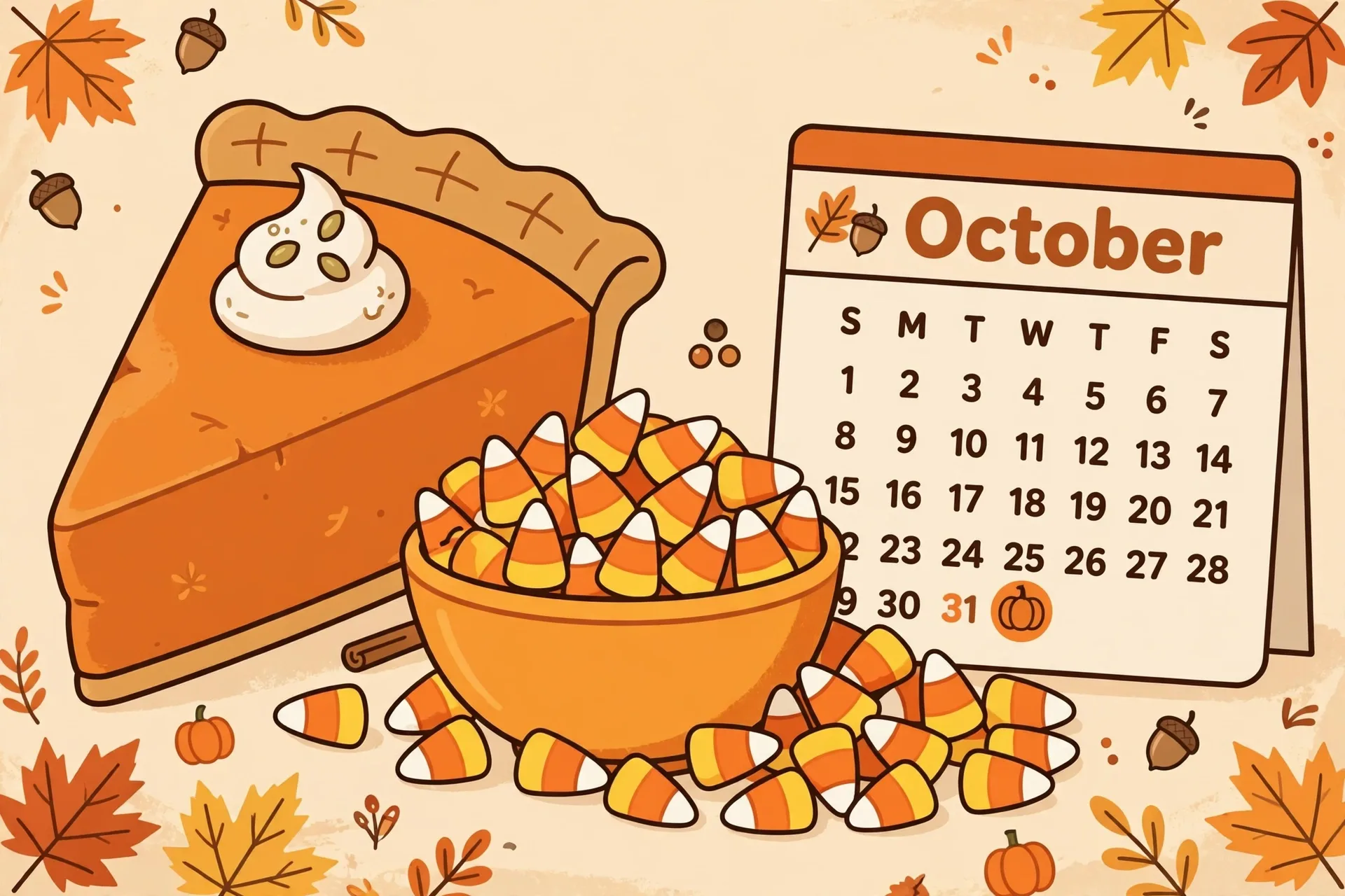 A big pumpkin pie slice next to a bowl overflowing with candy corn