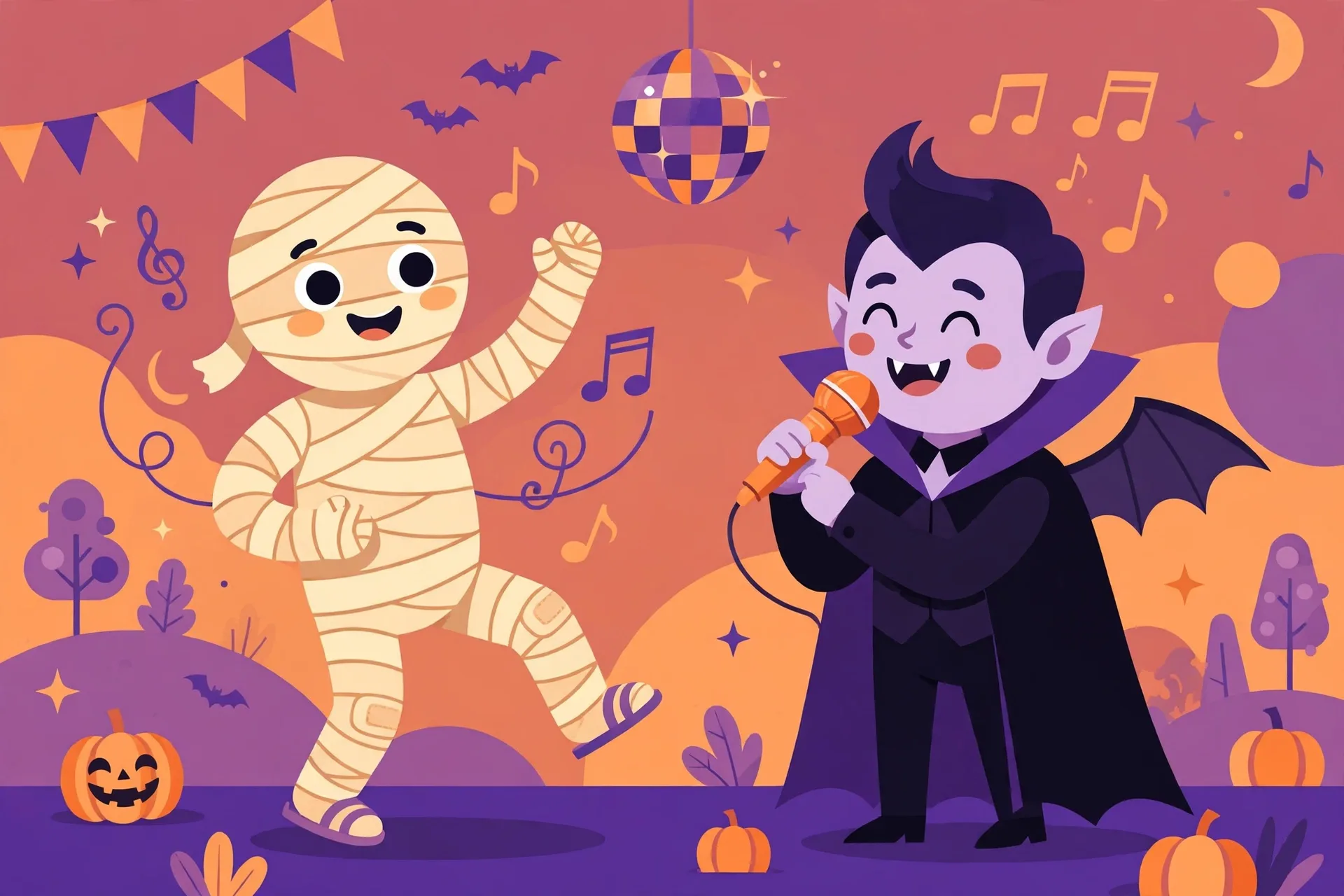 A friendly mummy dancing next to a friendly vampire singing into a microphone