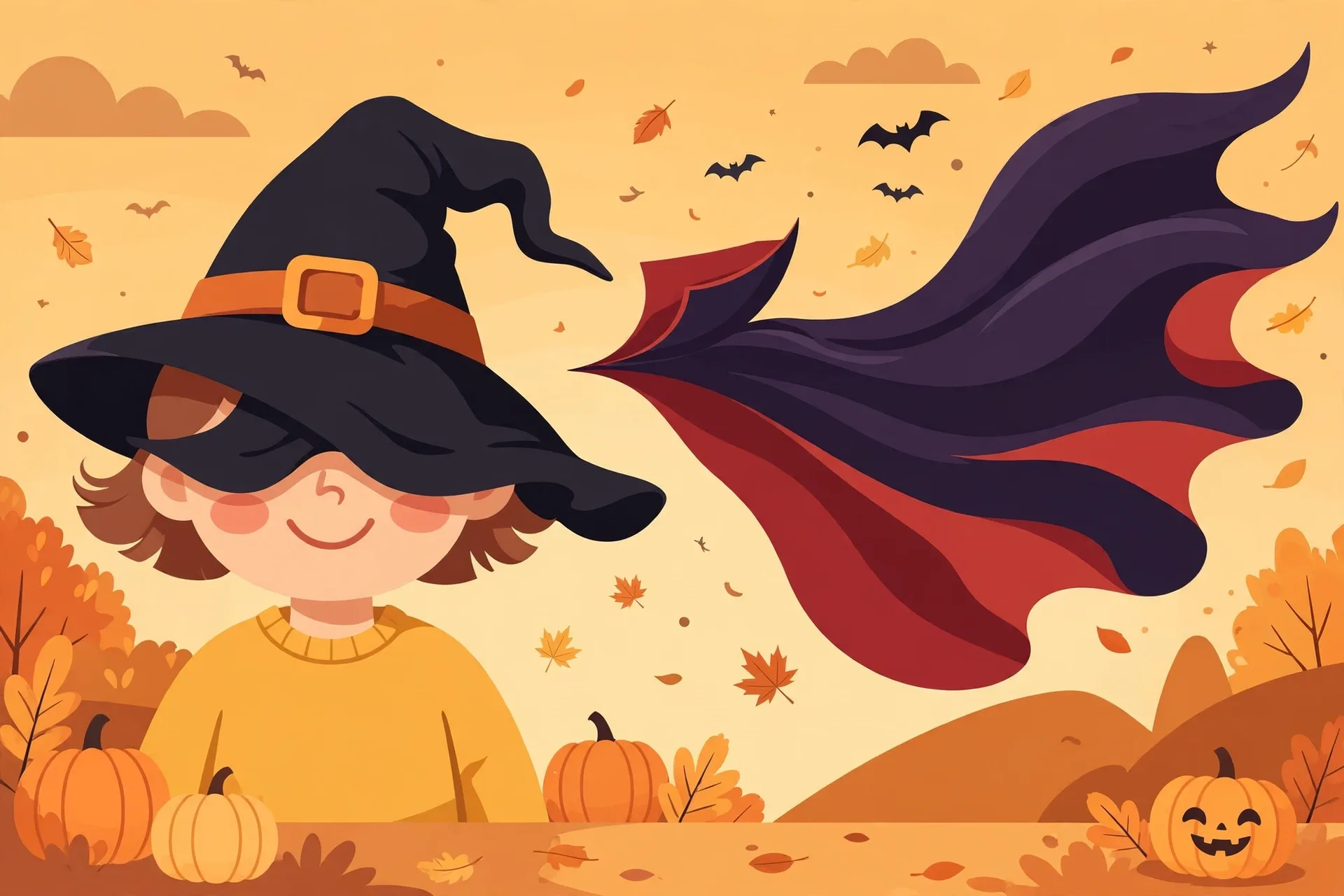 A witch's hat flopping over a kid's eyes next to a vampire cape billowing in the wind