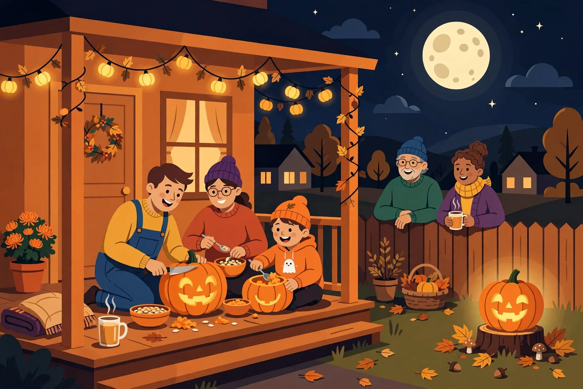 A family carving a pumpkin on a porch next to a pumpkin revealed at midnight under a full moon