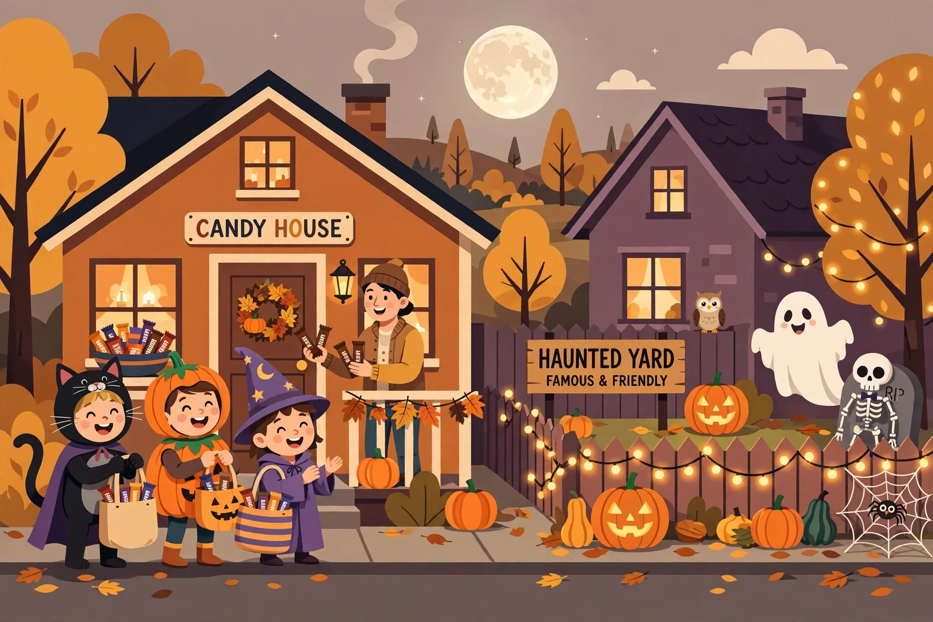 A house giving out full-size candy bars next to a house with a famous haunted yard
