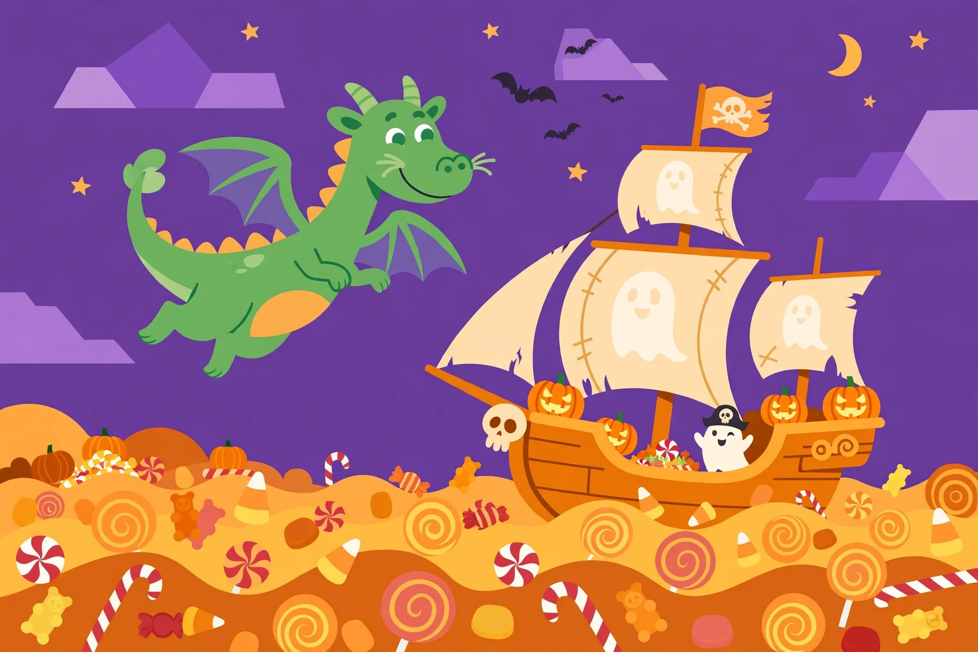 A friendly green dragon flying through a purple sky next to a pirate ghost ship sailing on a sea of candy