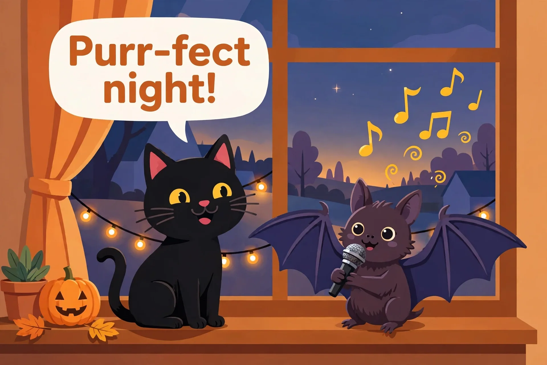 A talking black cat next to a little bat singing into a microphone on a windowsill