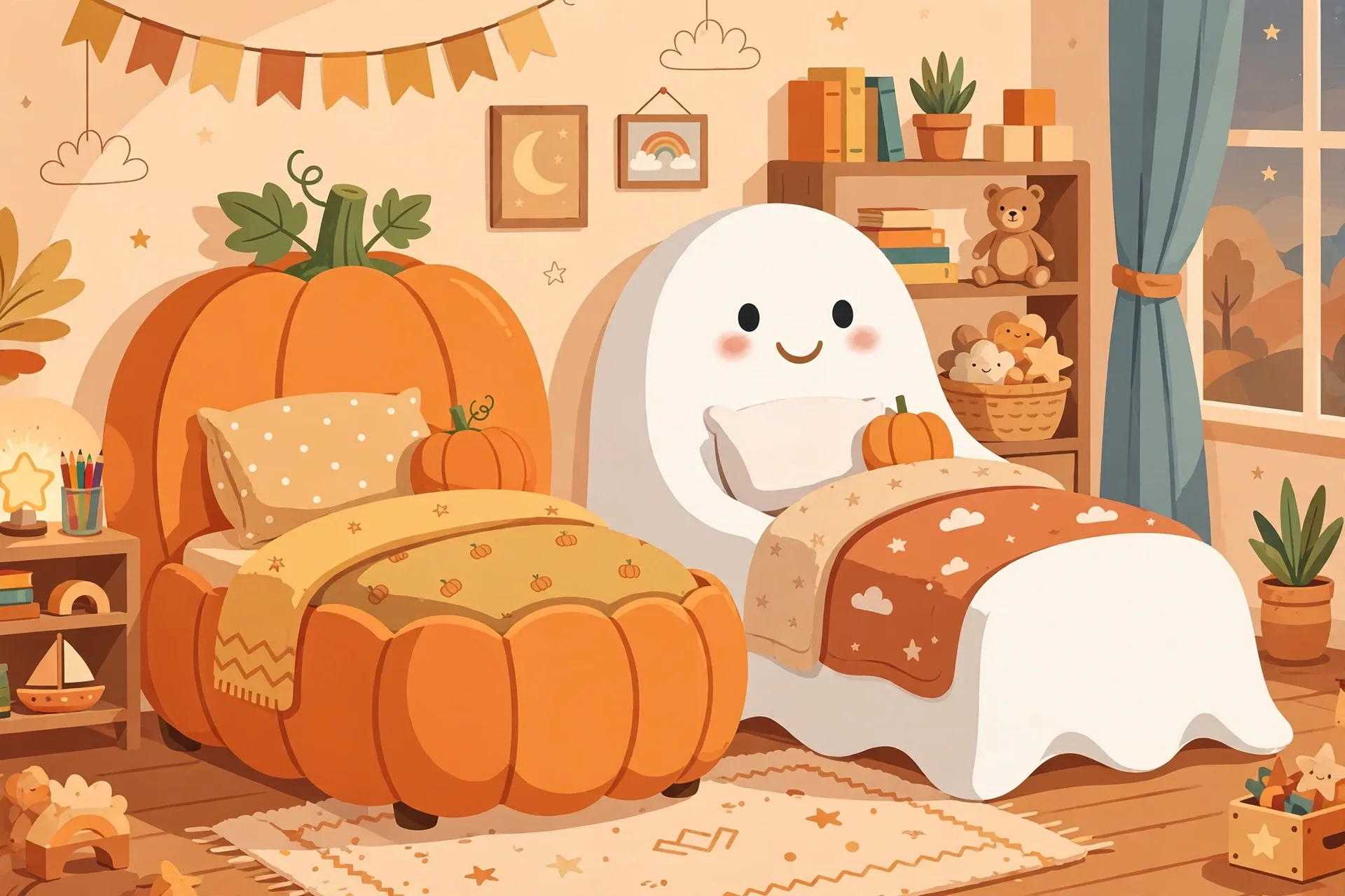 A cozy bed shaped like a big orange pumpkin next to a cozy bed shaped like a friendly ghost