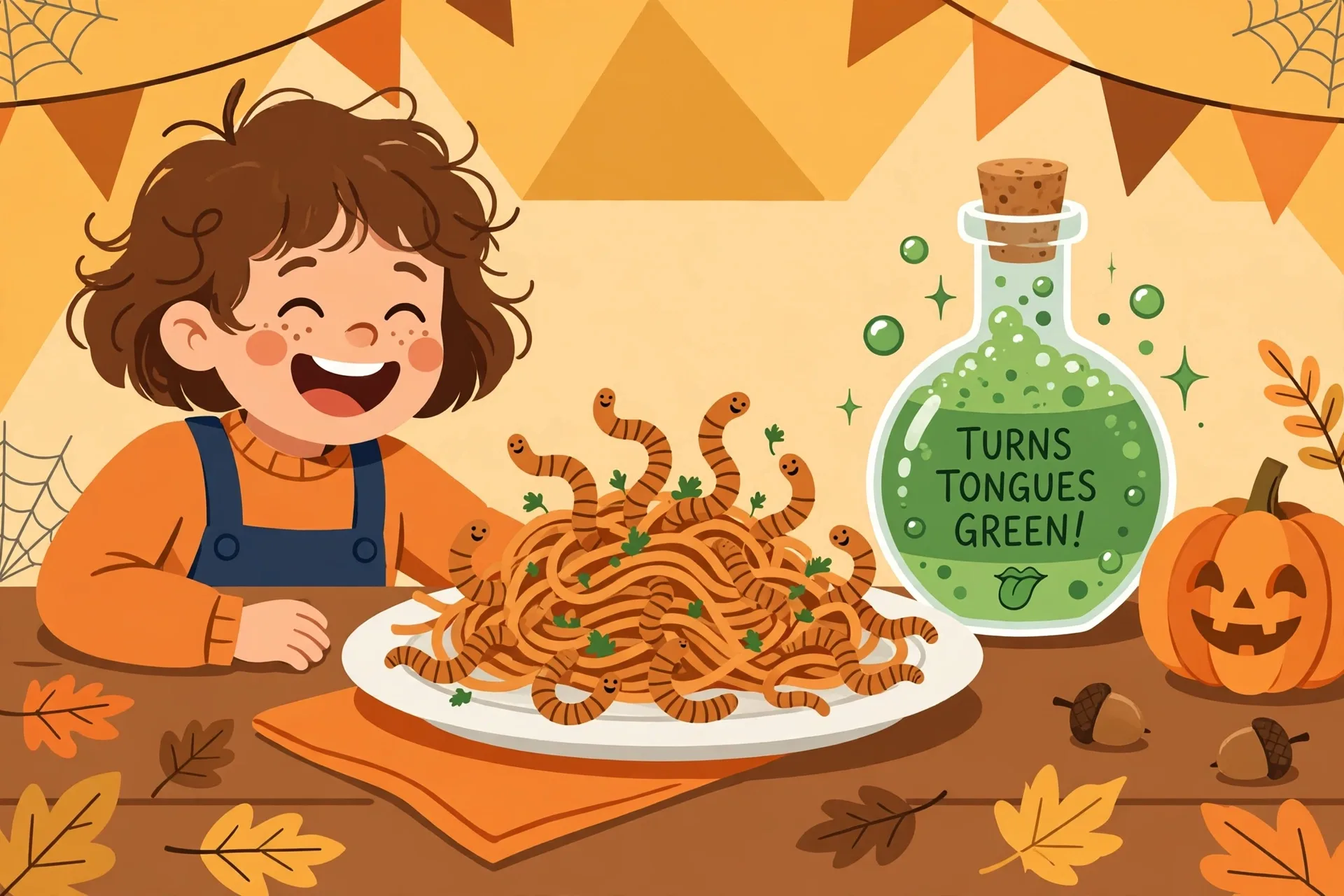 A plate of spaghetti that looks like wiggly worms next to a bubbling potion bottle