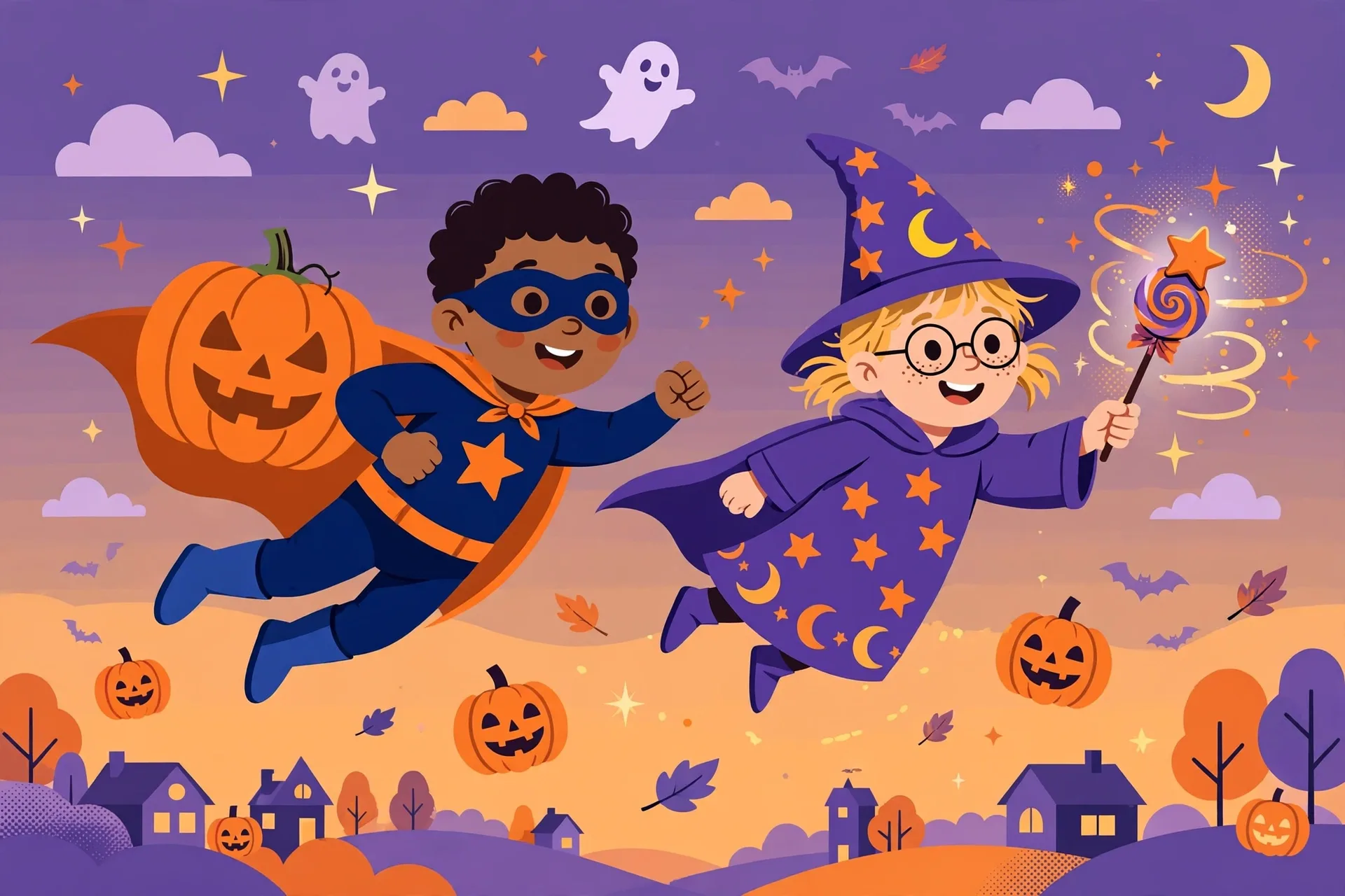 A kid superhero with a pumpkin cape flying next to a kid wizard with a candy wand
