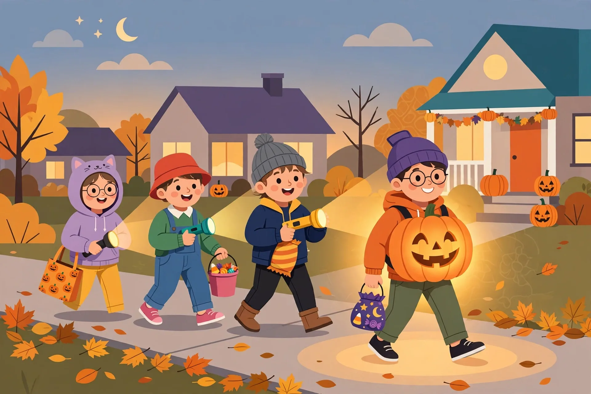 Kids trick-or-treating with flashlights next to a kid wearing a glowing jack-o-lantern backpack