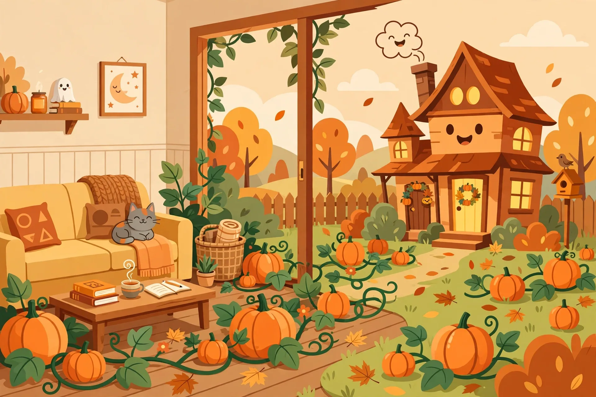 A friendly haunted house in a backyard next to a pumpkin patch growing inside a living room